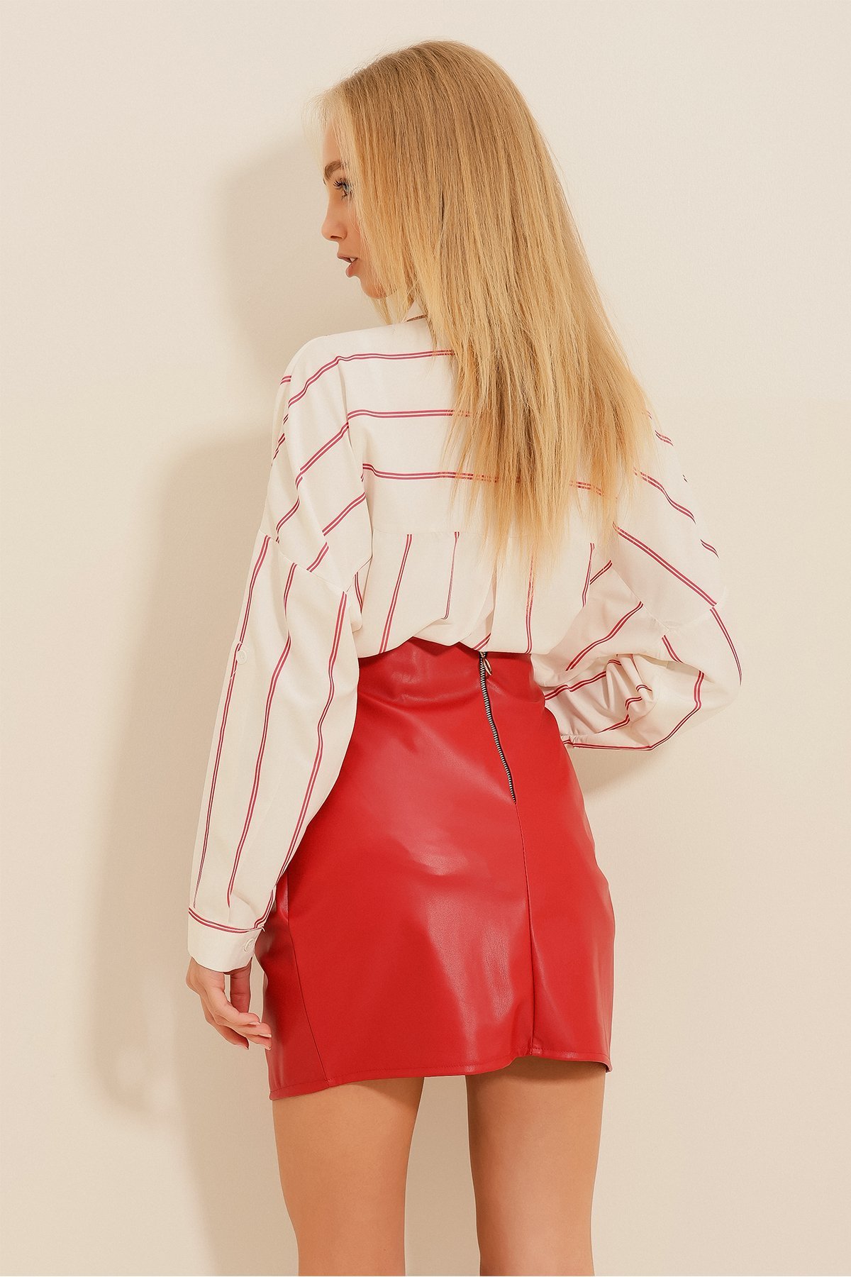 Kadın Drapeli Deri Etek - Kırmızı | Trend Alaçatı Stili