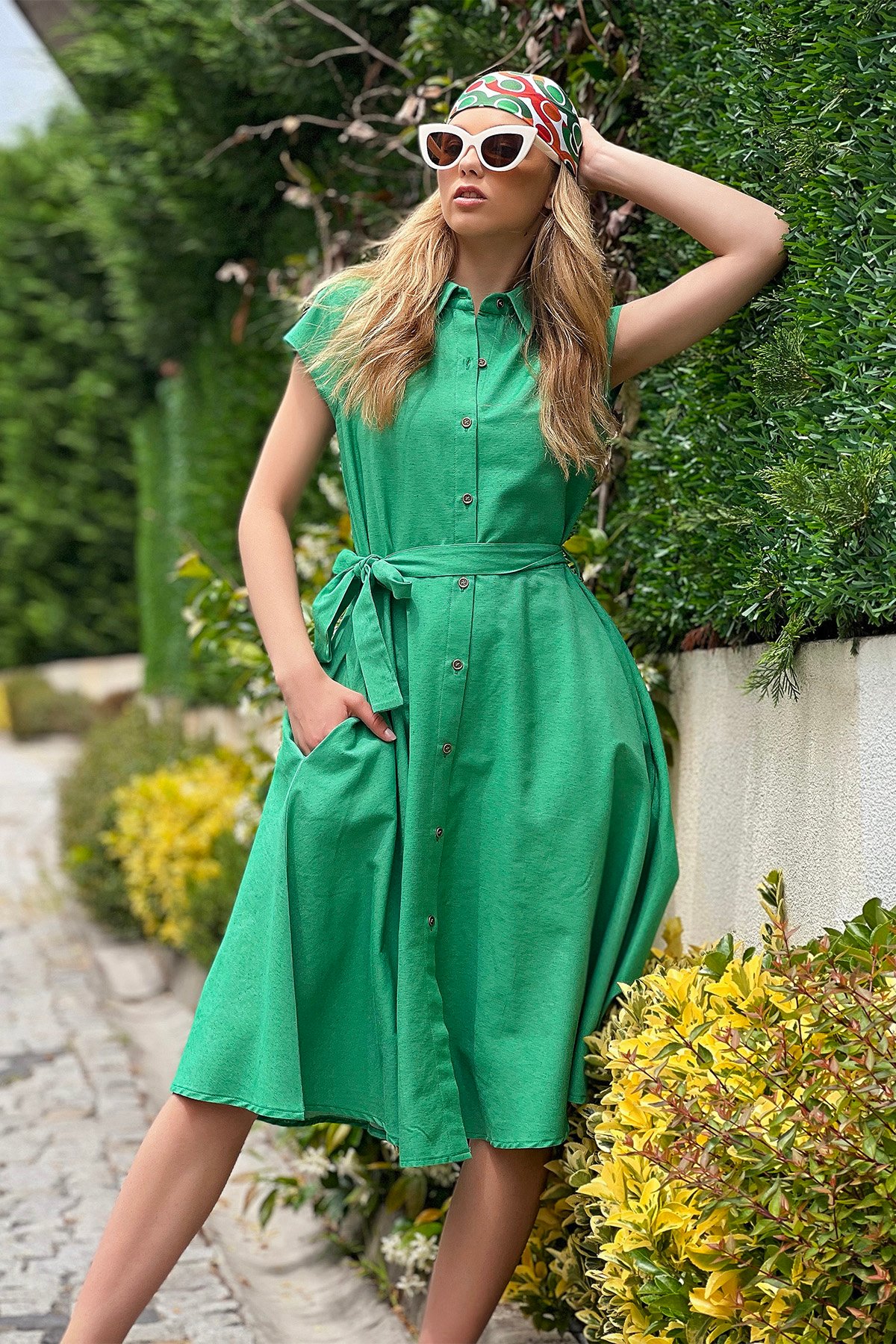 Kolsuz Keten Dokuma Gömlek Elbise - Yeşil - Alaçatı Stili