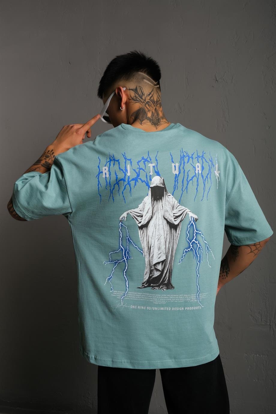 Mint Mavi Ritual Mavi Yıldırım Baskılı Oversize Basic Tshirt | VİP LOKAL