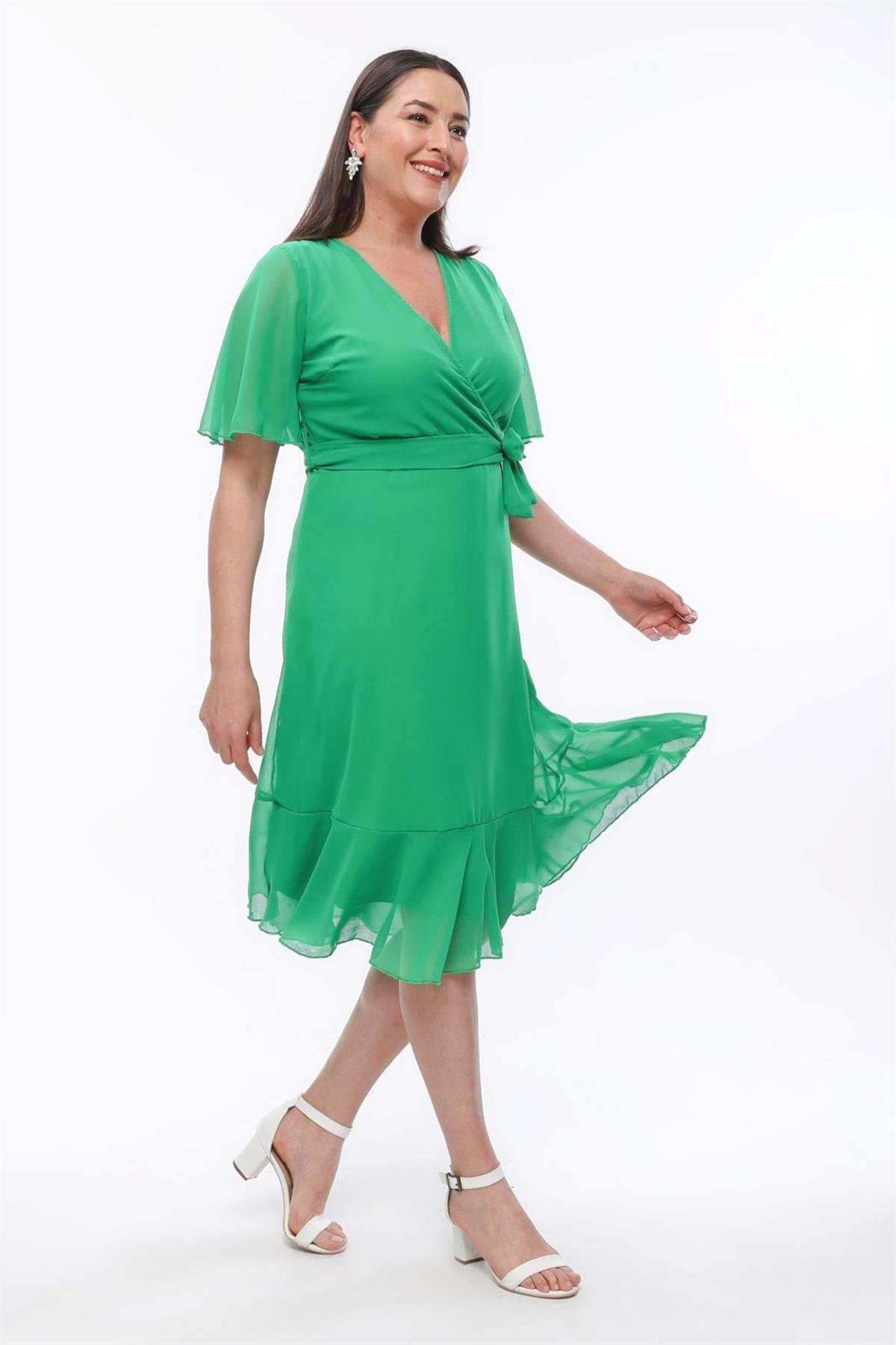 Şifon Astarlı Düz Renk Elbise Fıstık Yeşili