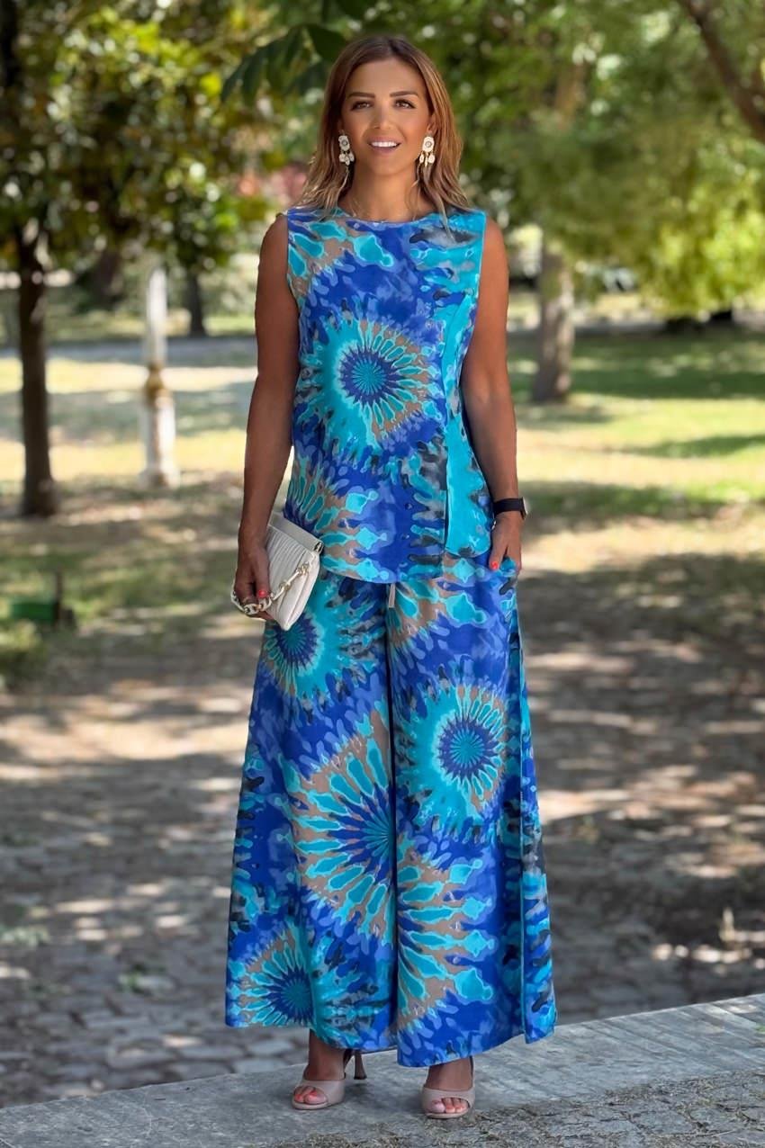 Sicily Mavi Etnik Desen Pantolon Bluz İkili Takım