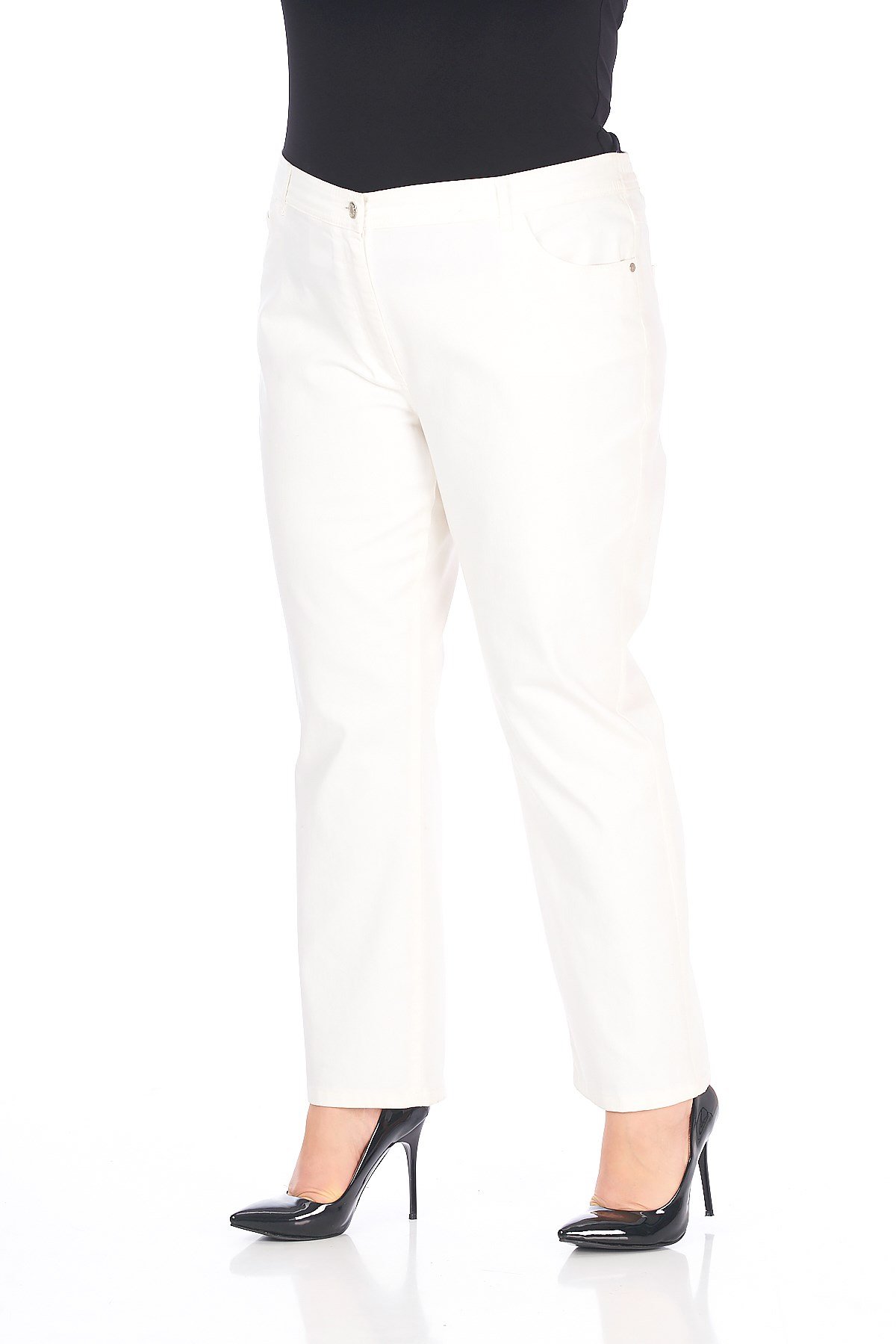Büyük Beden Beyaz Renkli Beli Lastikli Likralı Kumaş Pantolon