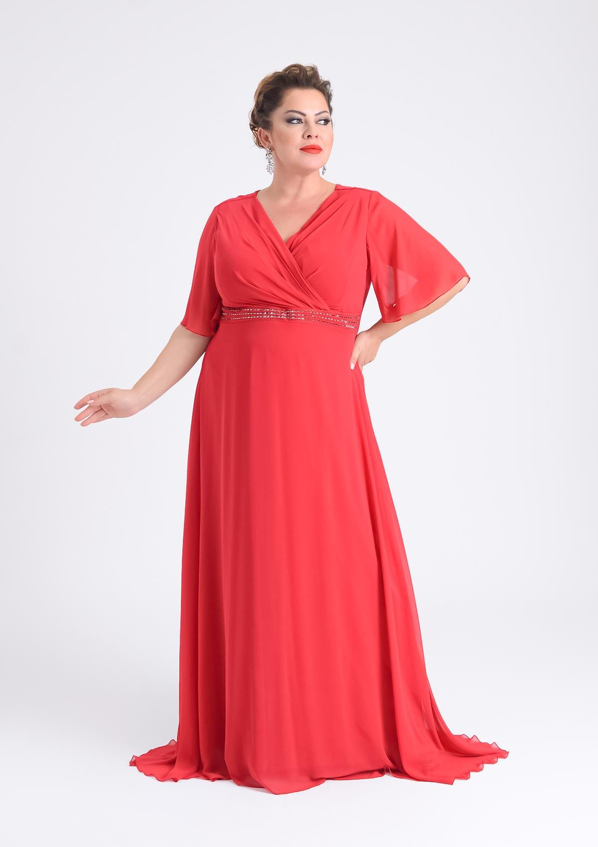 Büyük Beden Kırmızı Renkli Uzun Şifon Elbise - LilasXXL