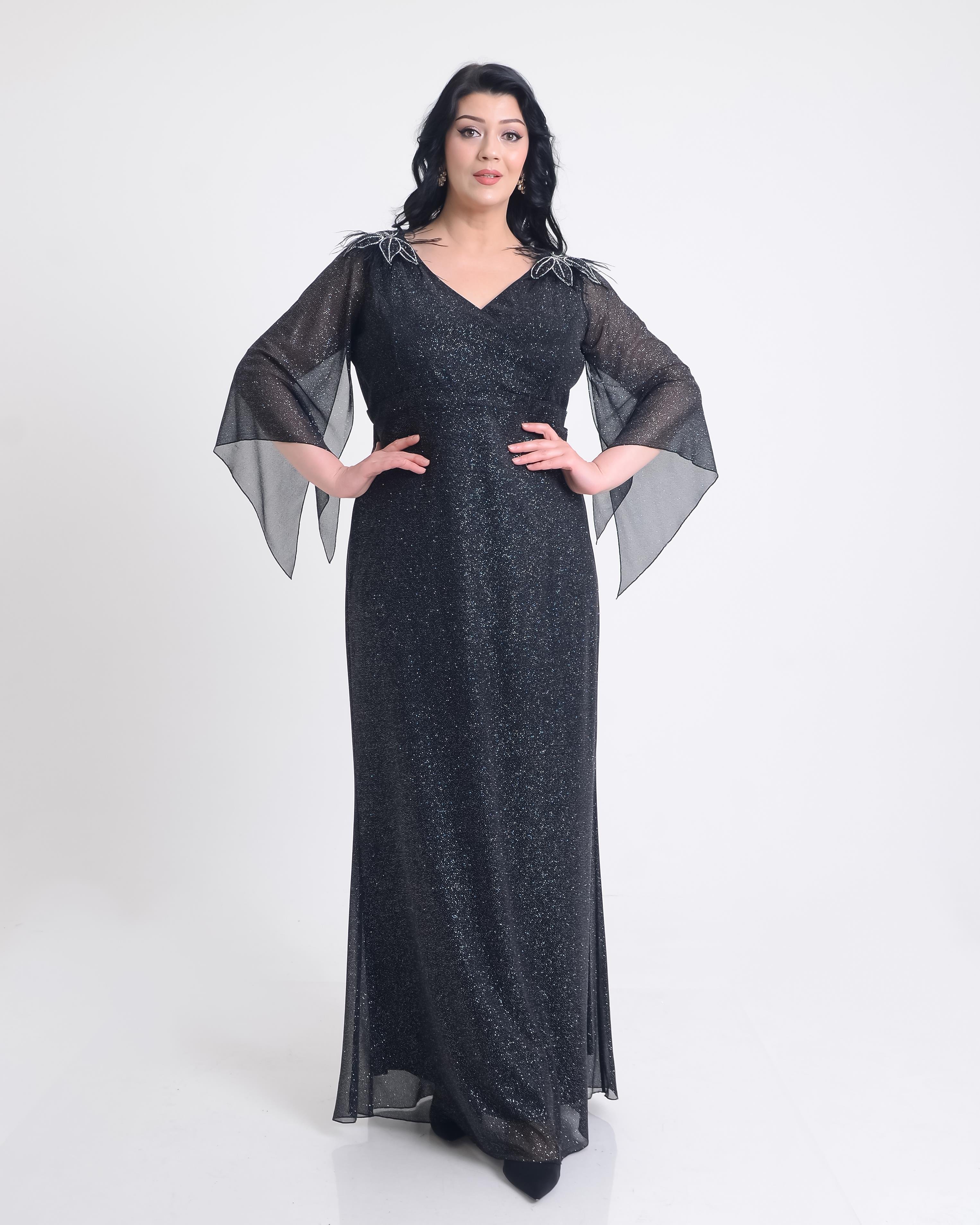 Büyük Beden Kısa Kollu Siyah Renkli Likralı Simli Uzun Abiye Elbise
