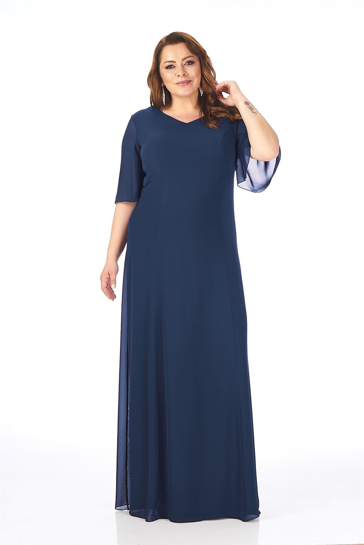 Büyük Beden Lacivert Renkli Uzun Şifon Elbise - LilasXXL
