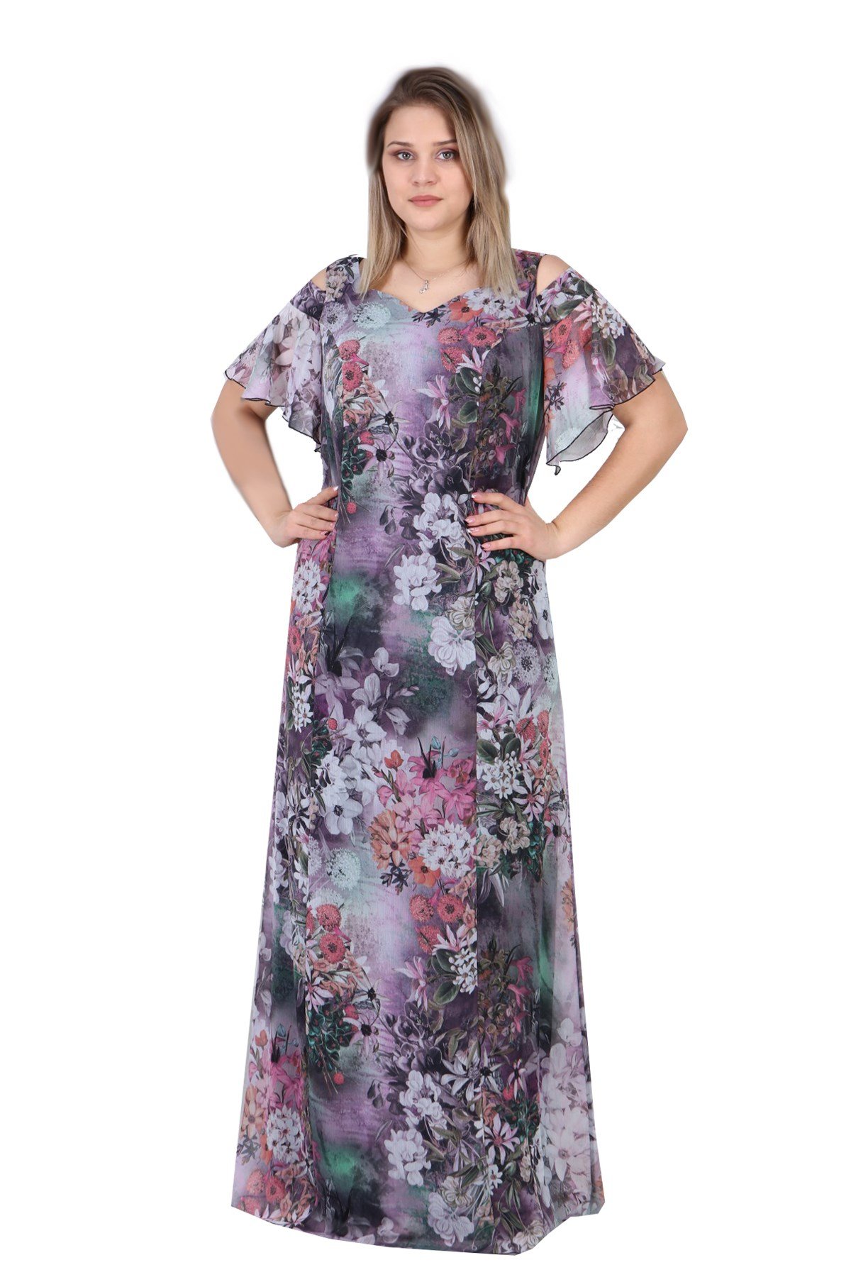 Büyük Beden Lila Renkli Desenli Uzun Şifon Elbise - LilasXXL