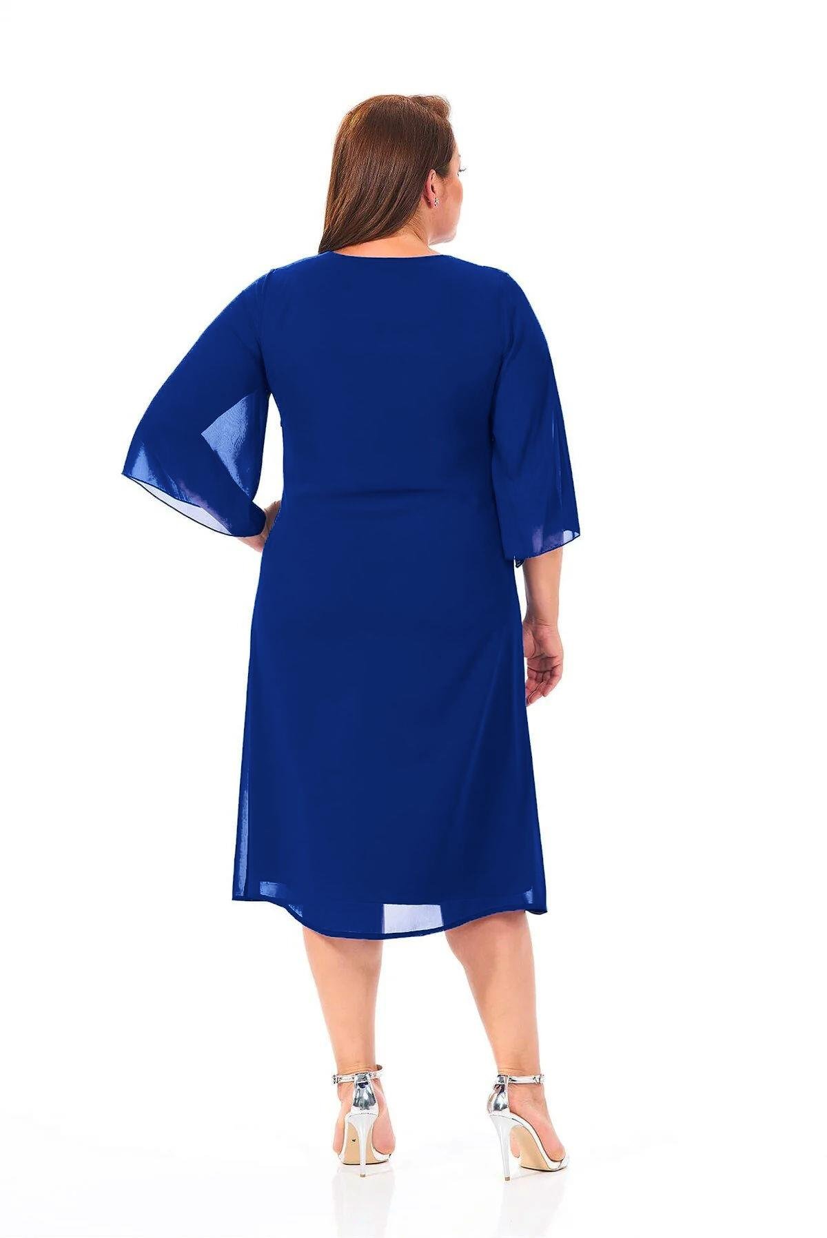 Büyük Beden Saks Mavisi Renkli Şifon Elbise - LilasXXL
