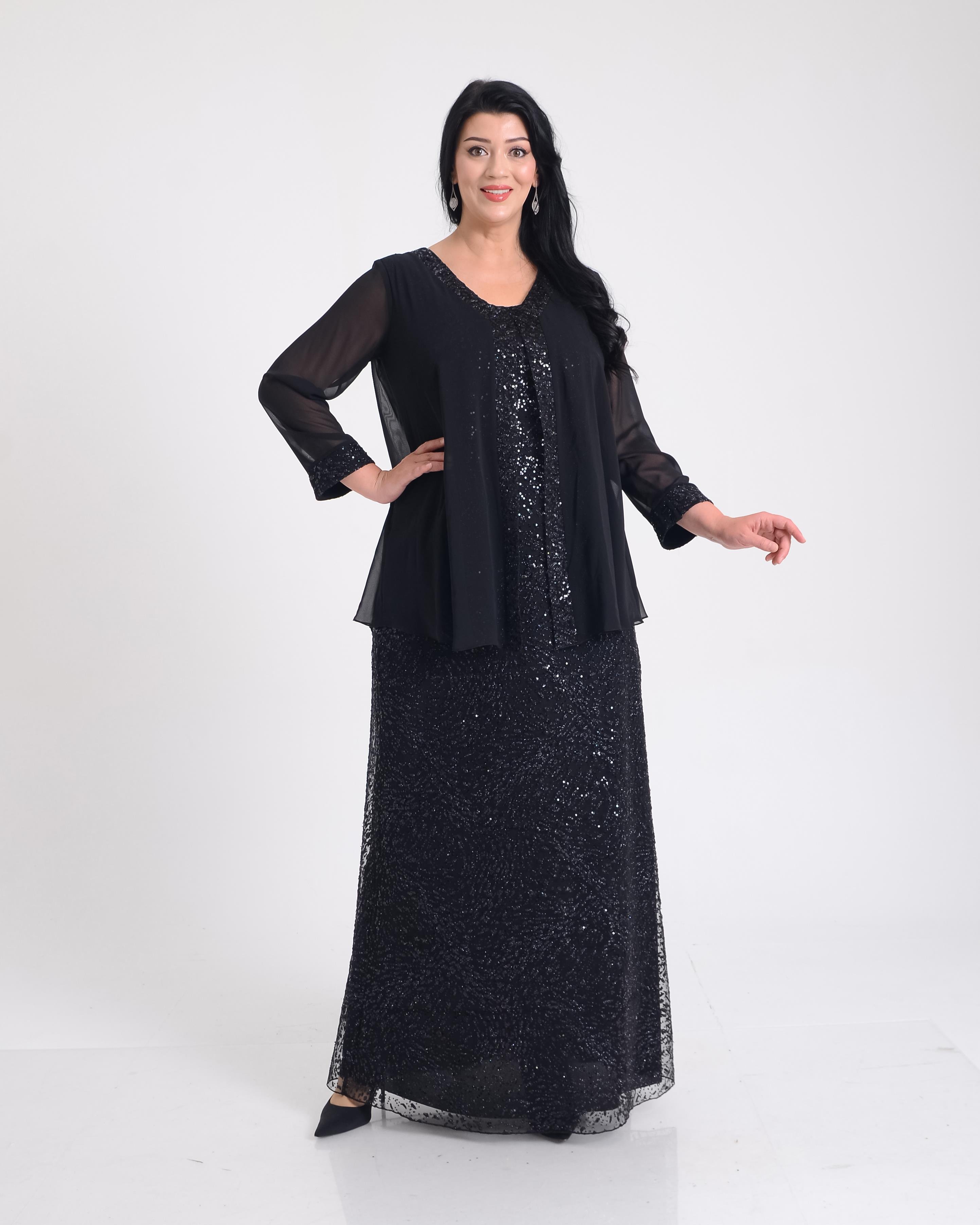 Büyük Beden Siyah Renkli Glitter Baskı Dantelli Şifon Ceketli Uzun Abiye  Elbise