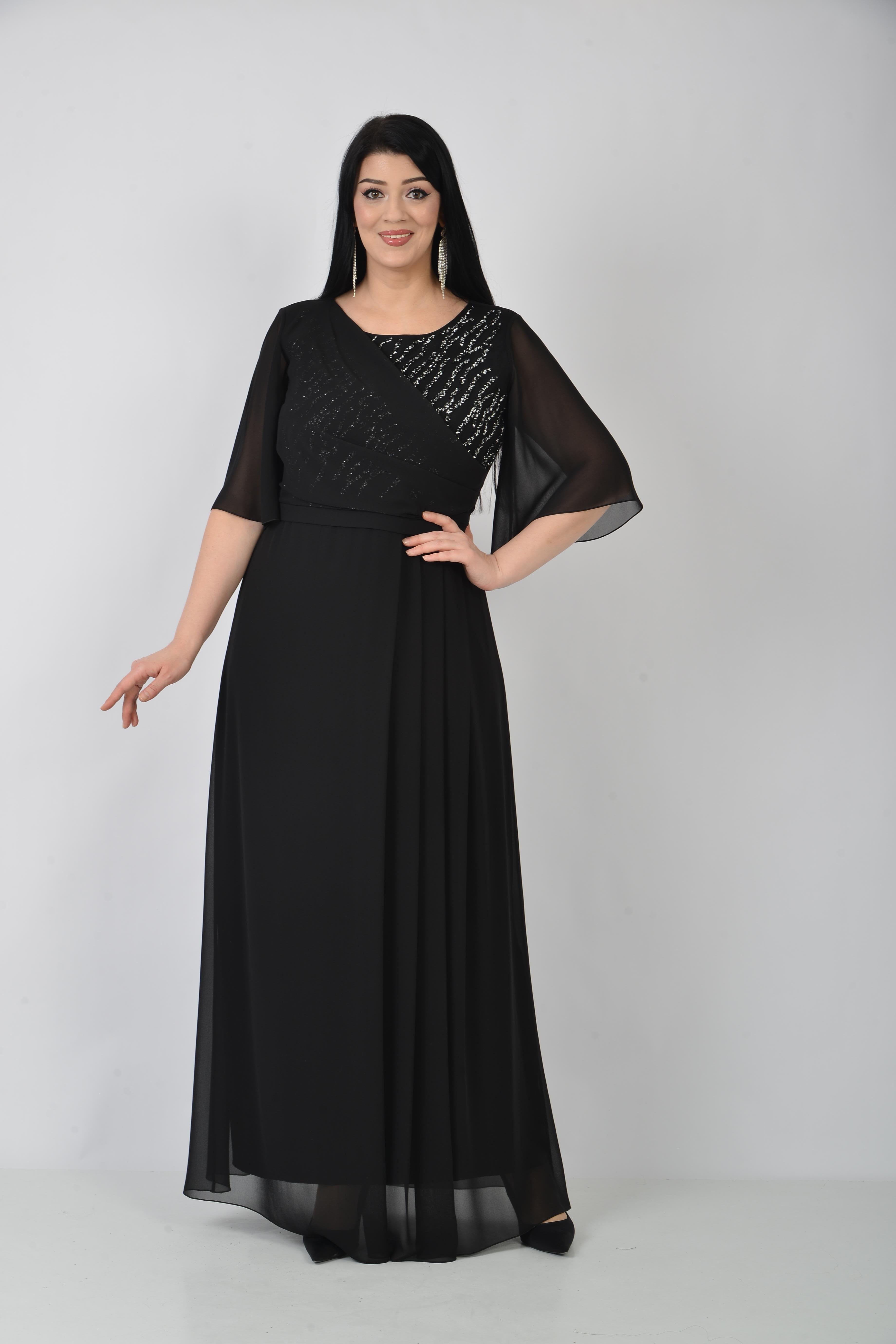 Büyük Beden Siyah Renkli Şifon Uzun Abiye Elbise