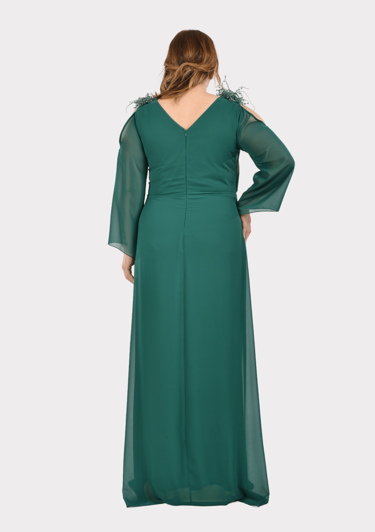 Büyük Beden Yeşil Renkli Omzu Açık Şifon Uzun Abiye Elbise