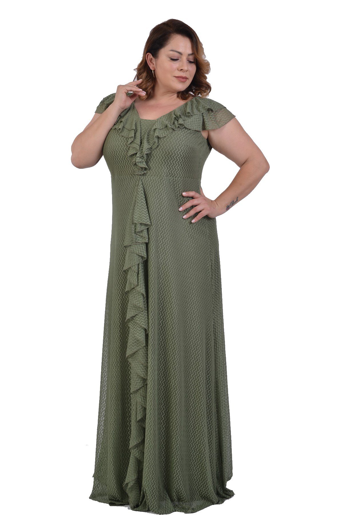 Büyük Beden Yeşil Renkli Petek Tül Fırfırlı Elbise - LilasXXL