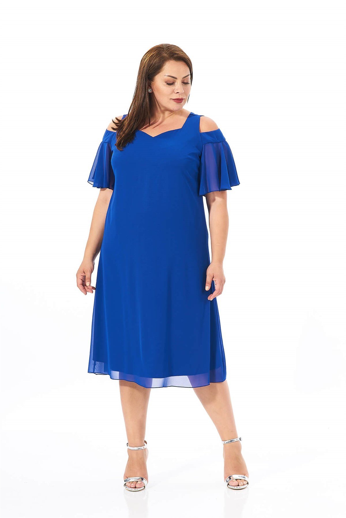 Büyük Beden Saks Mavisi Renkli Omuz Detaylı Şifon Elbise - LilasXXL
