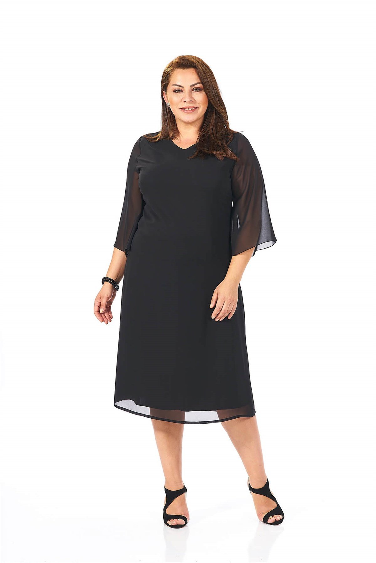 Büyük Beden Siyah Renkli Şifon Elbise - LilasXXL