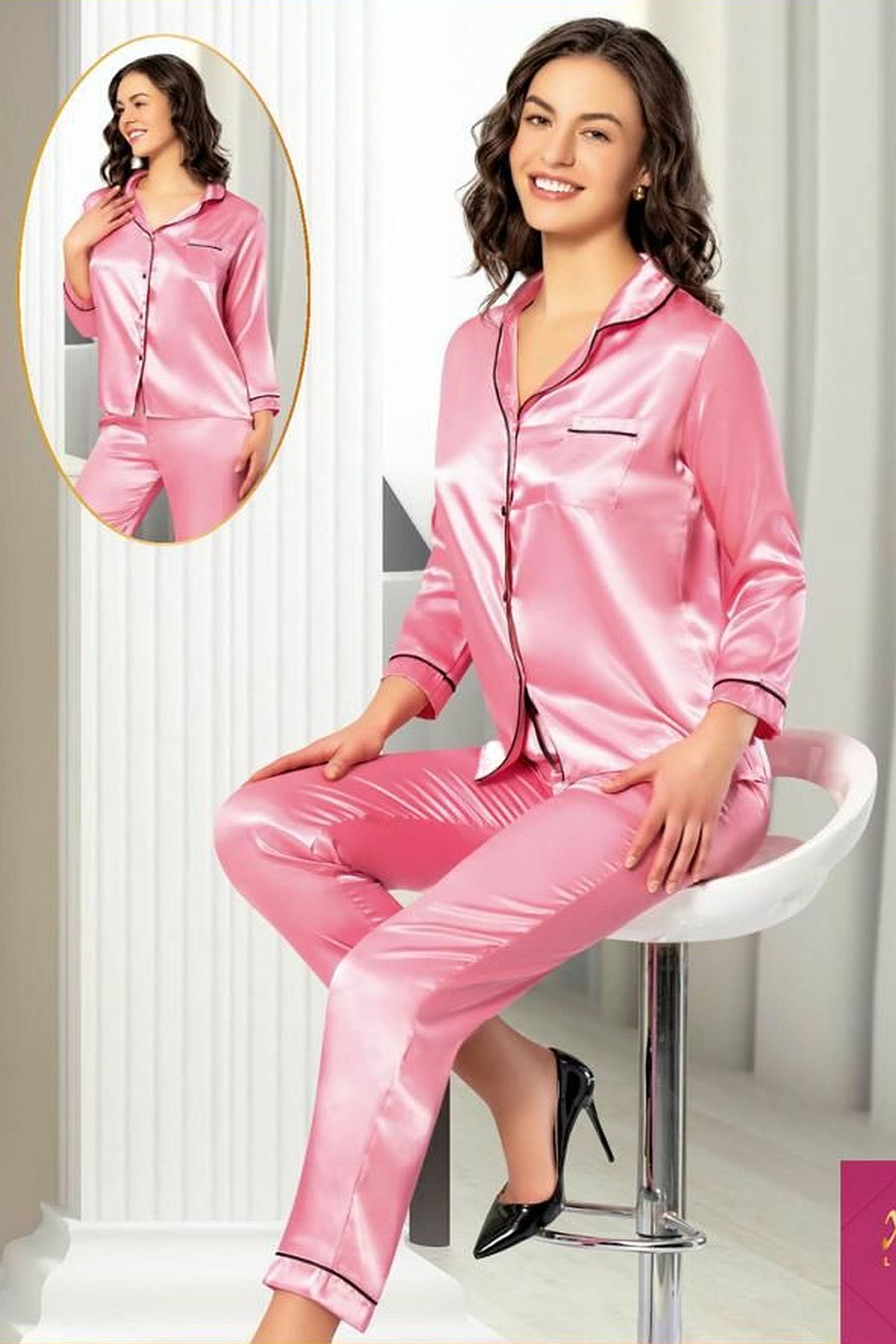 XSES 2105 Kadın Uzun Kollu Saten Pijama Takımı-Pembe | Pijamapazari.com