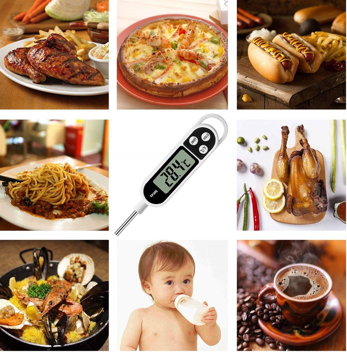 TP300 Metal Problu Dijital Ekran Termometre Gıda Yemek İçecek Daldırma Tipi  Sıcaklık Ölçer