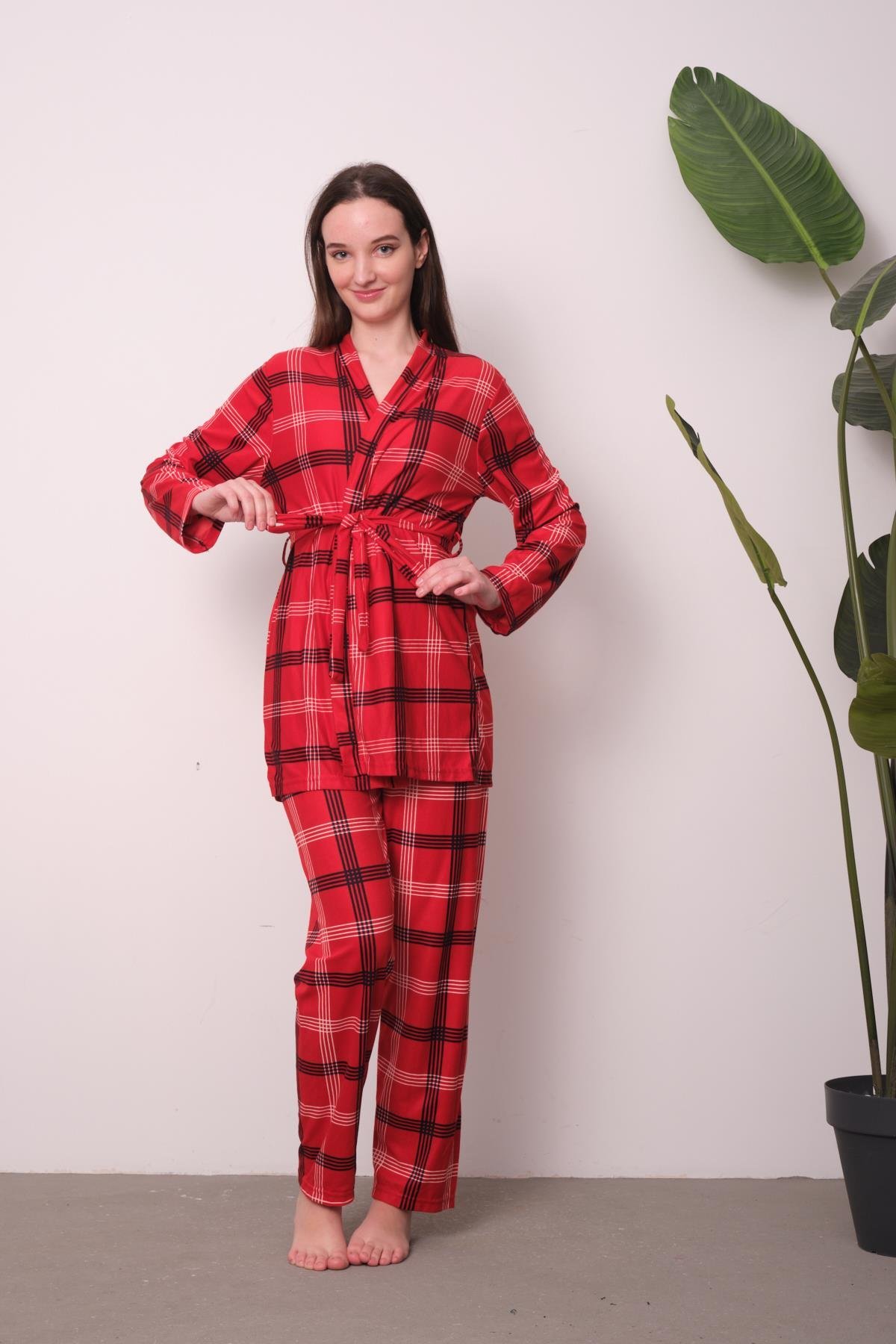 Kadın Kırmızı Ekose Baskılı Pijama Takımı