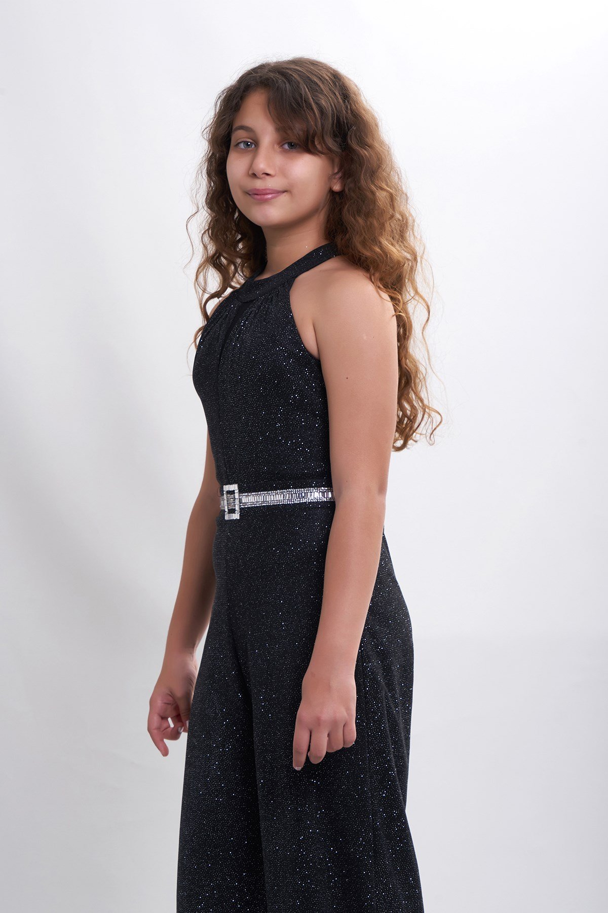 Kız Çocuk Simli Esnek Tulum Abiye Elbise 5317 Renk Siyah
