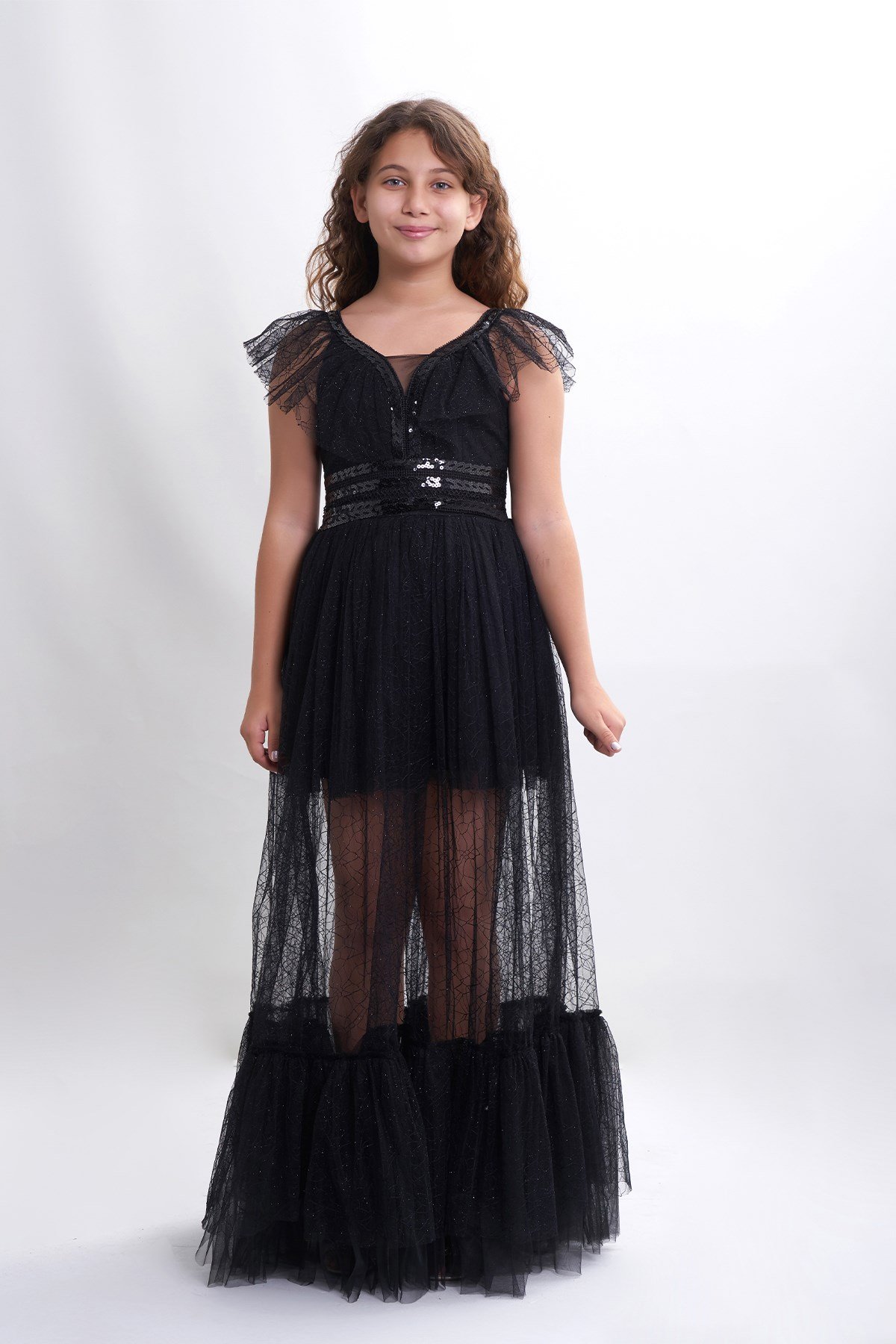 Kız Çocuk/Genç Pul ve Tül Detaylı Abiye Elbise 5311 Renk Siyah 10-14 Yaş