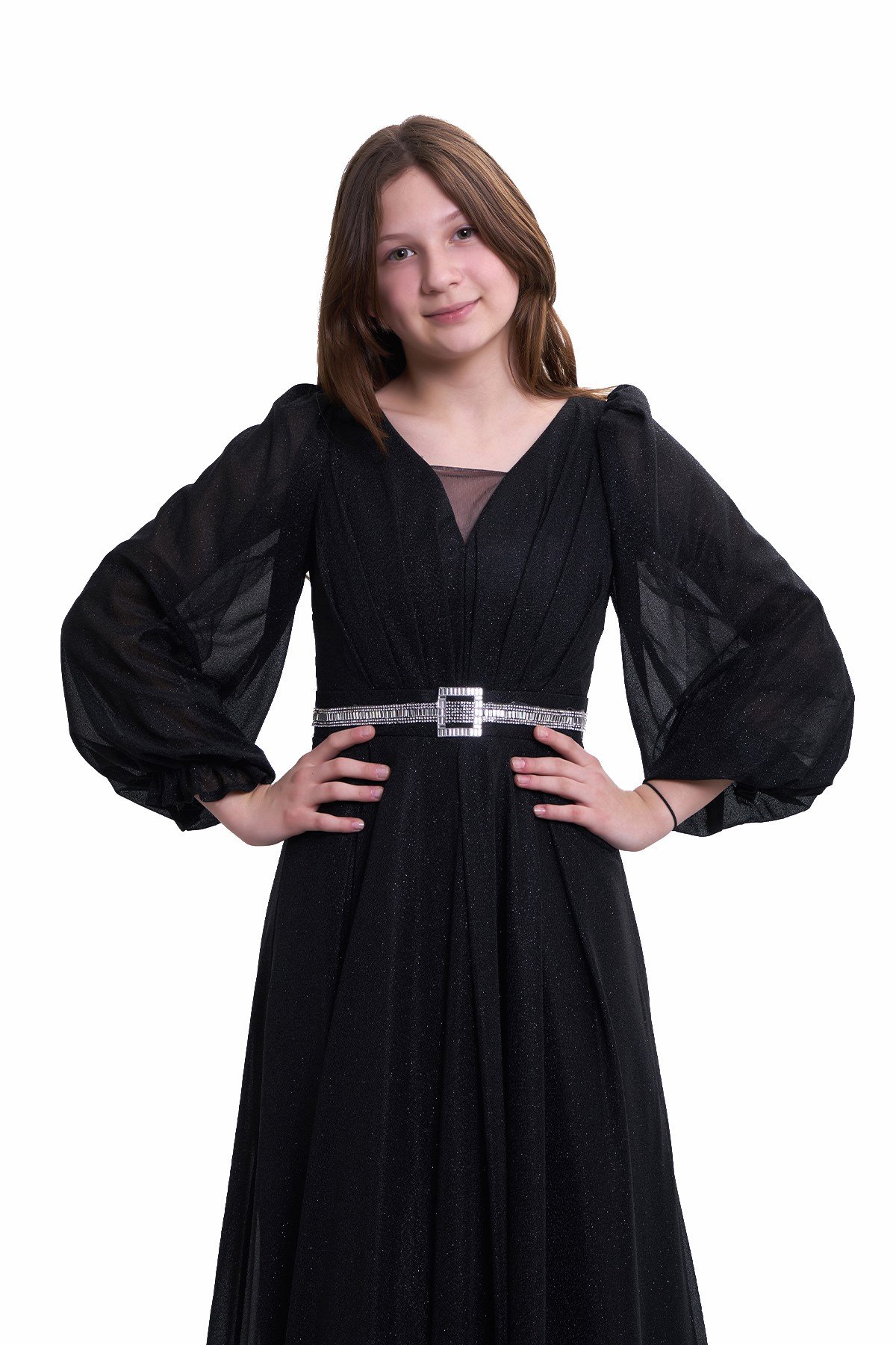 Kız Çocuk/Genç Uzun Kollu Simli Esnek Abiye Elbise Düğün Balo Mezuniyet  Özel Gün Siyah 5305