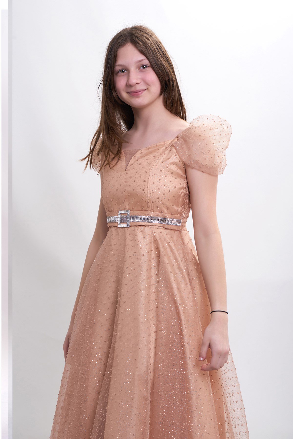 Yeni Tasarım Kız Çocuk/Genç Sim ve Tül Detaylı Abiye Elbise Mezuniyet/Düğün  5315 Renk Gold