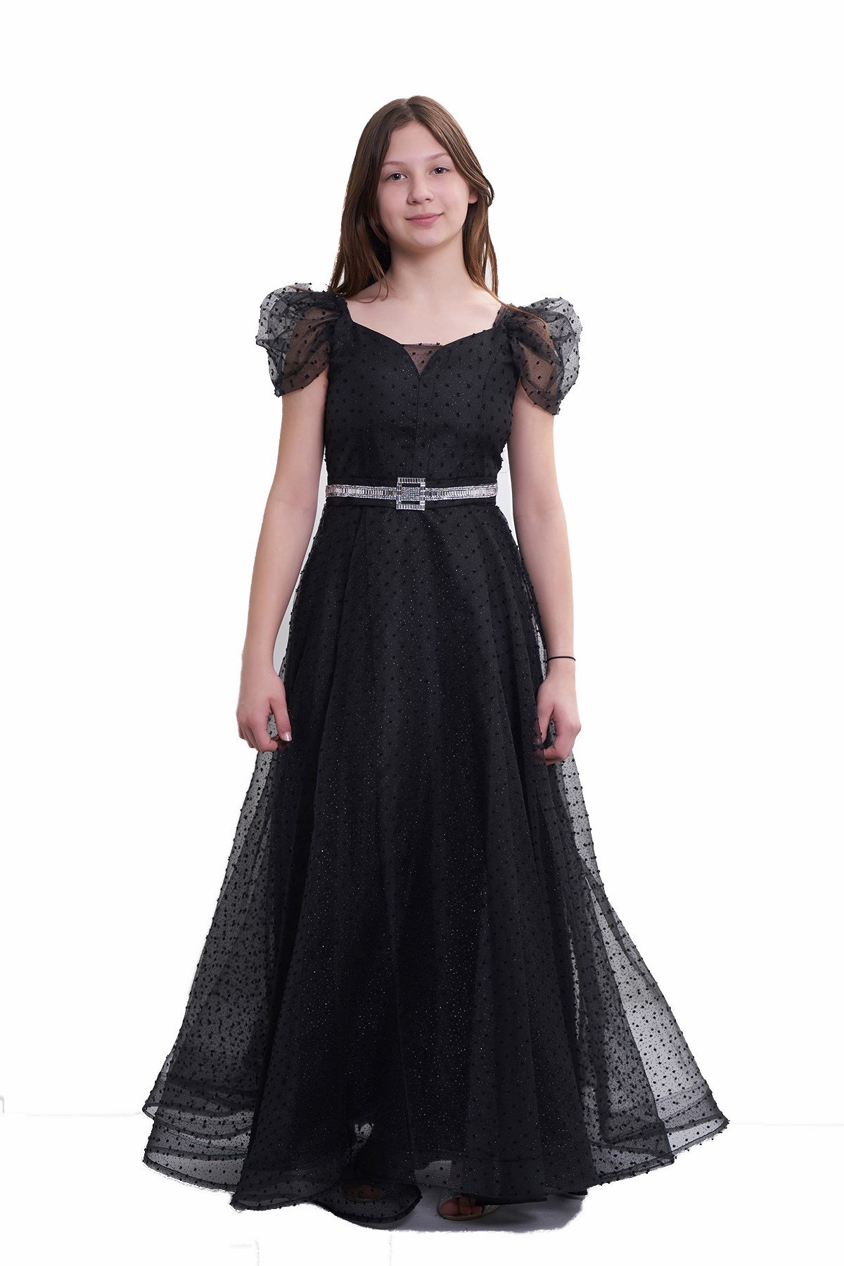 Yeni Tasarım Kız Çocuk/Genç Sim ve Tül Detaylı Abiye Elbise Mezuniyet/Düğün  5315 Renk Siyah