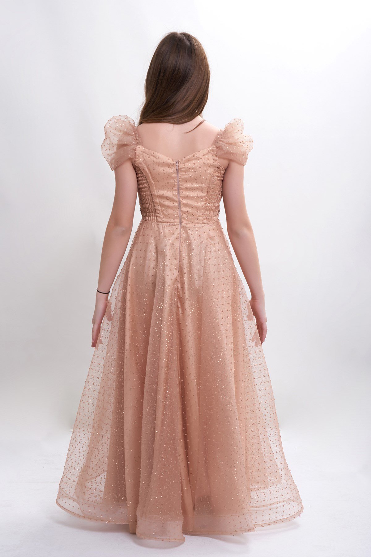 Yeni Tasarım Kız Çocuk/Genç Sim ve Tül Detaylı Abiye Elbise Mezuniyet/Düğün  5315 Renk Gold
