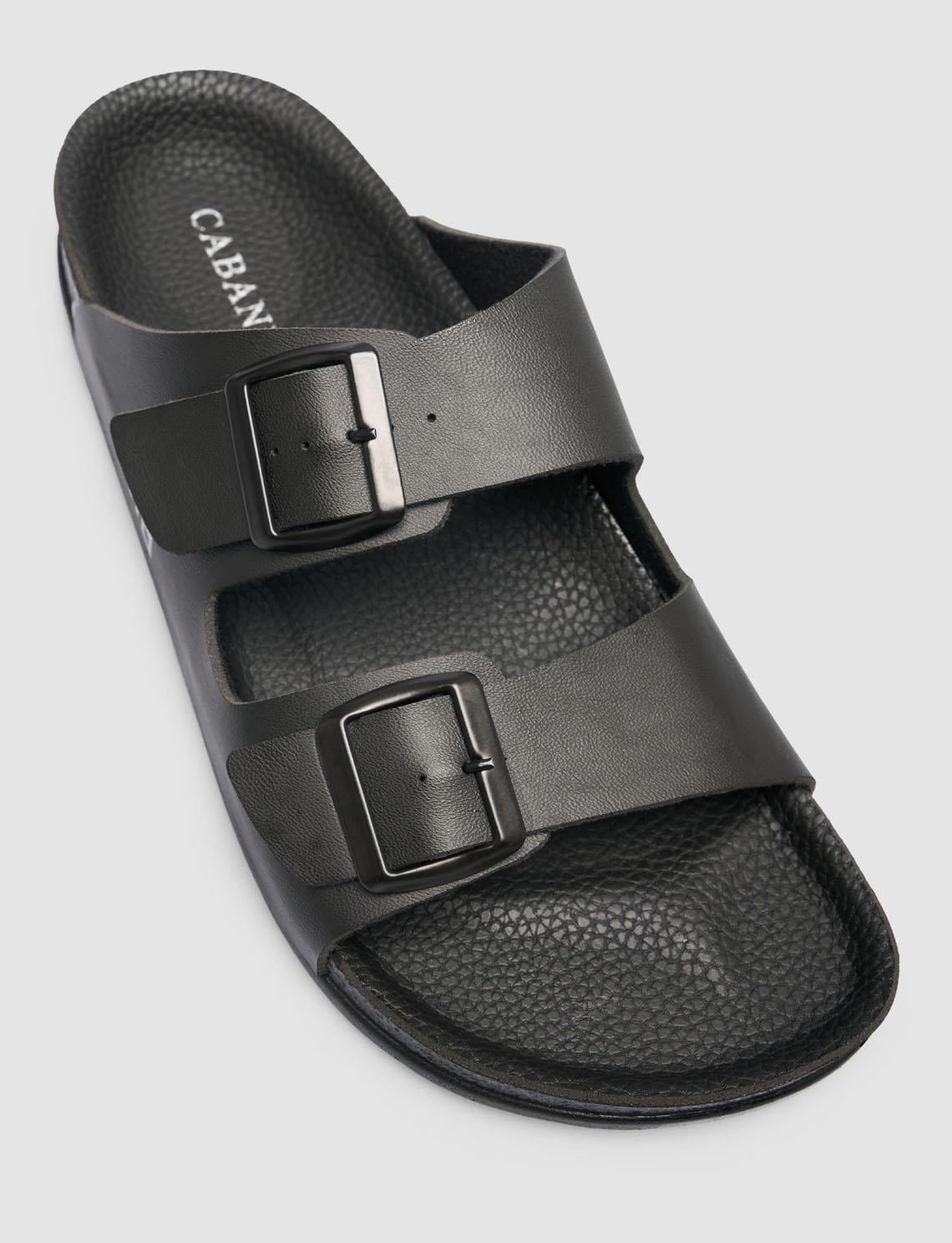 Cabani Men 100% Genuine Leather Buckle Detailed Black Slippers l