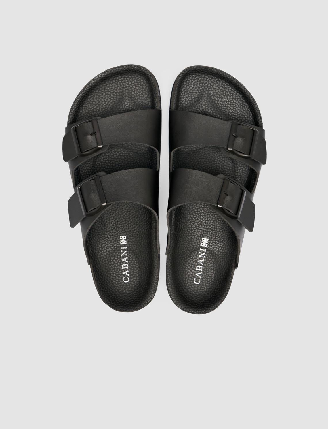 Cabani Men 100% Genuine Leather Buckle Detailed Black Slippers l