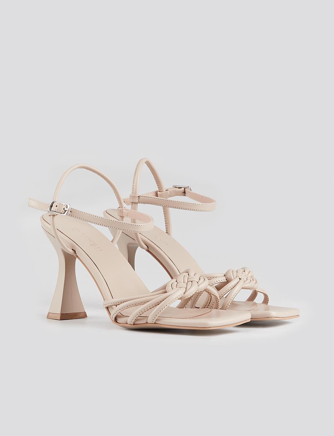 Beige ankle top strap sandals