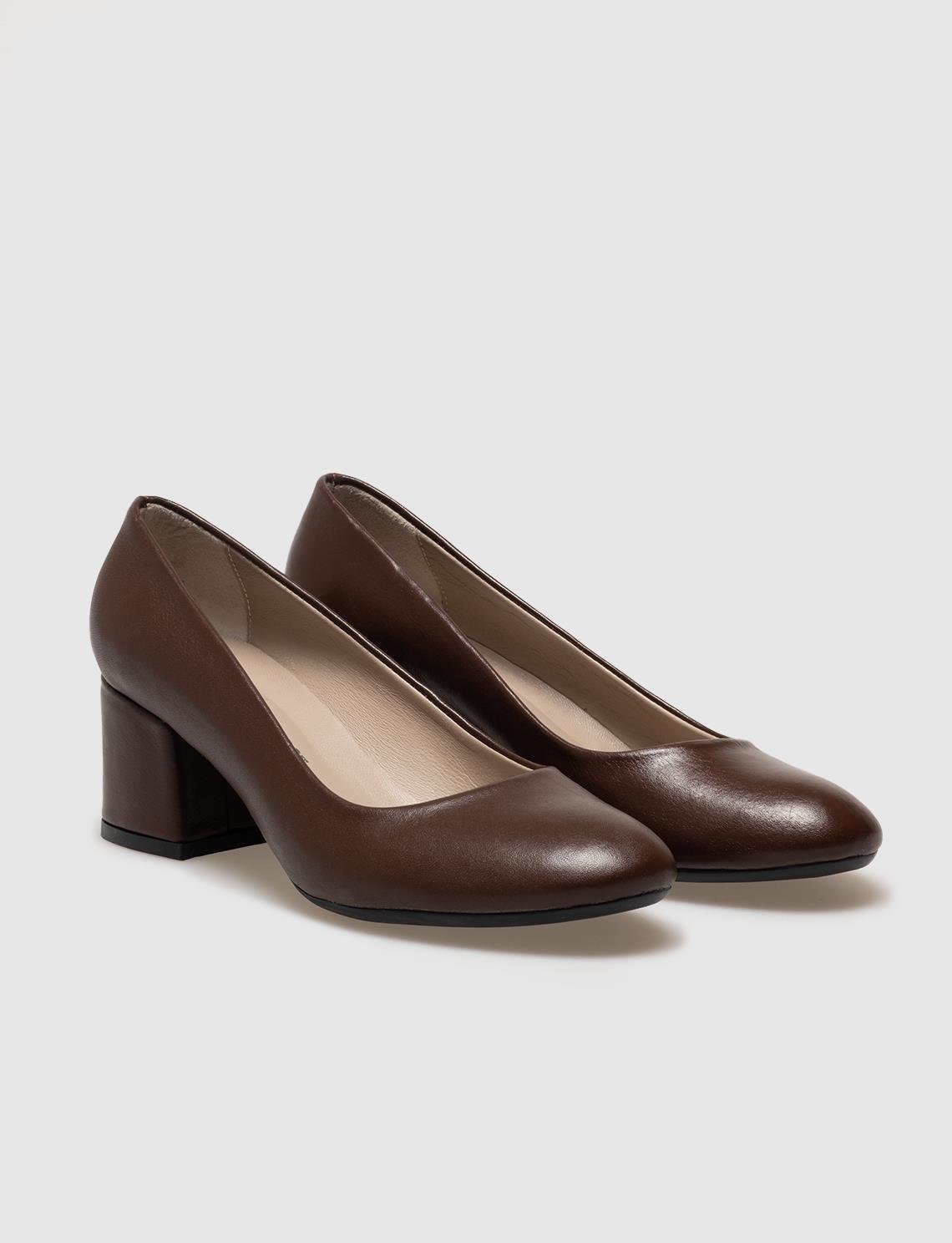 Hakiki Deri Kahverengi Kadın Kalın Topuklu Ayakkabı