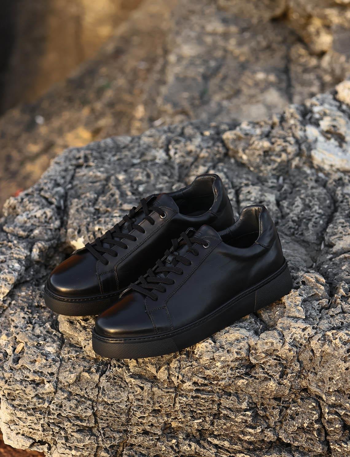 Hakiki Deri Siyah Bağcıklı Eva Tabanlı Sneaker Erkek Spor Ayakkabı | Cabani