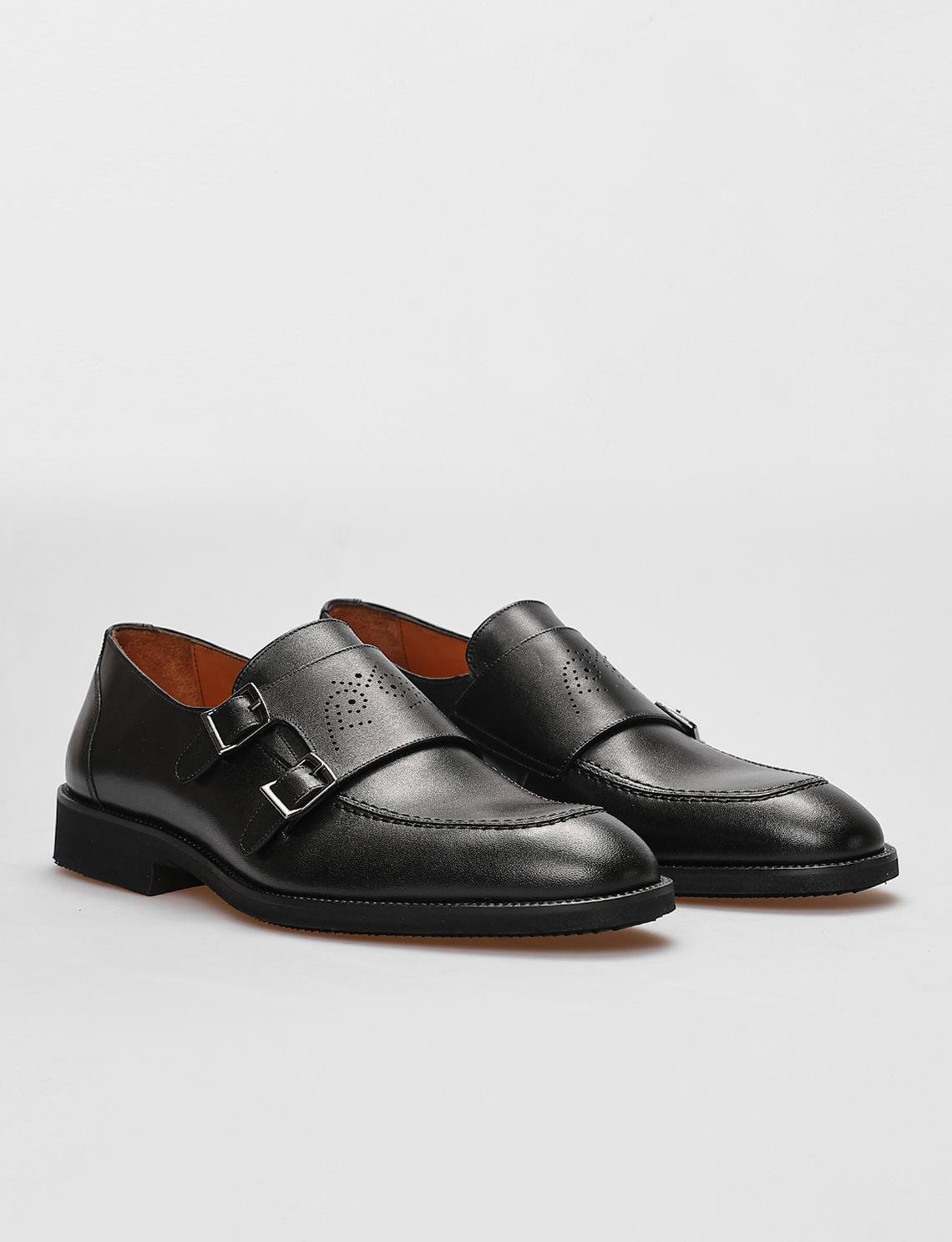 Hakiki Deri Siyah Çift Tokalı Erkek Klasik Ayakkabı
