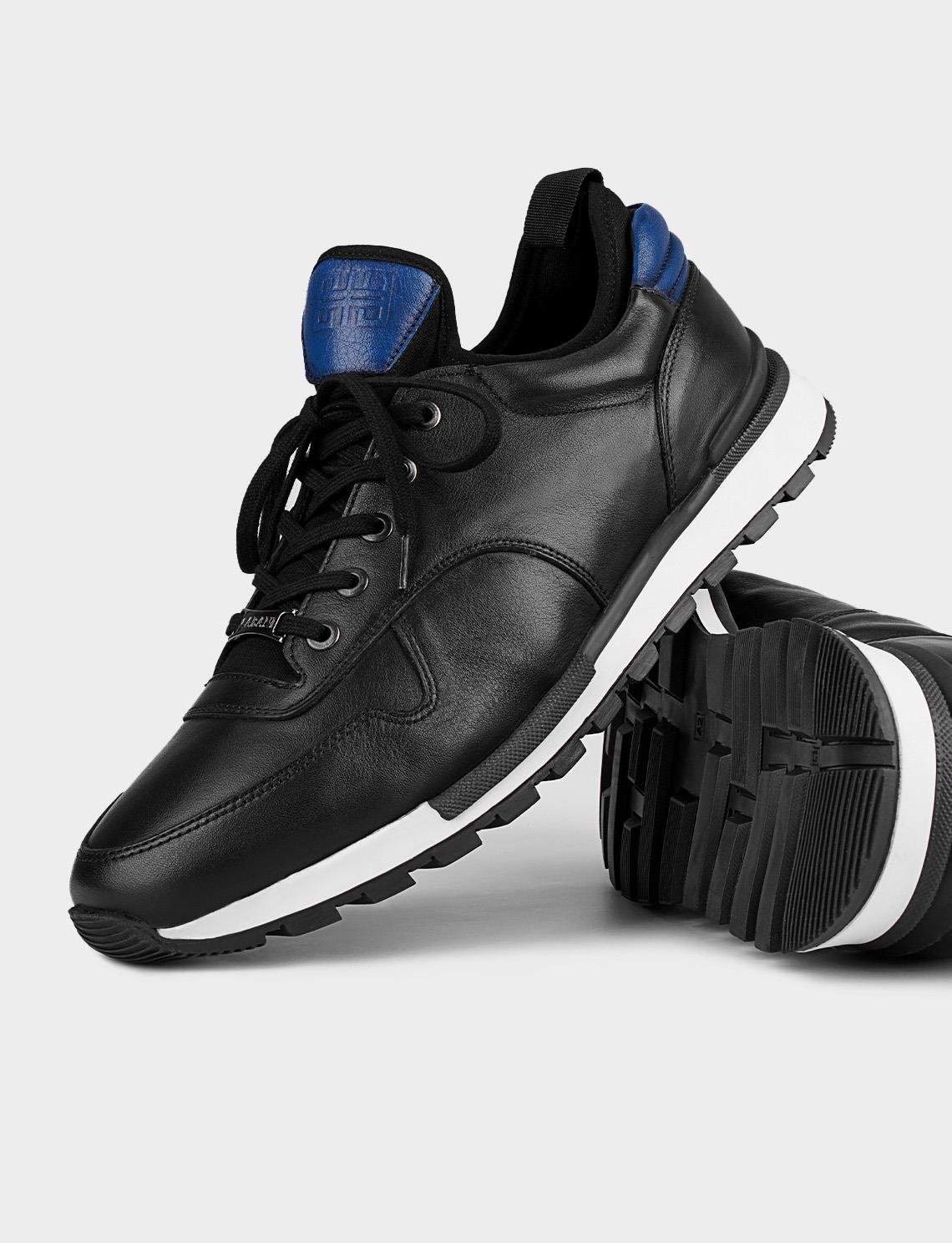 Mavi Bilek Detaylı Hakiki Deri Siyah Bağcıklı Erkek Spor Ayakkabı | Cabani