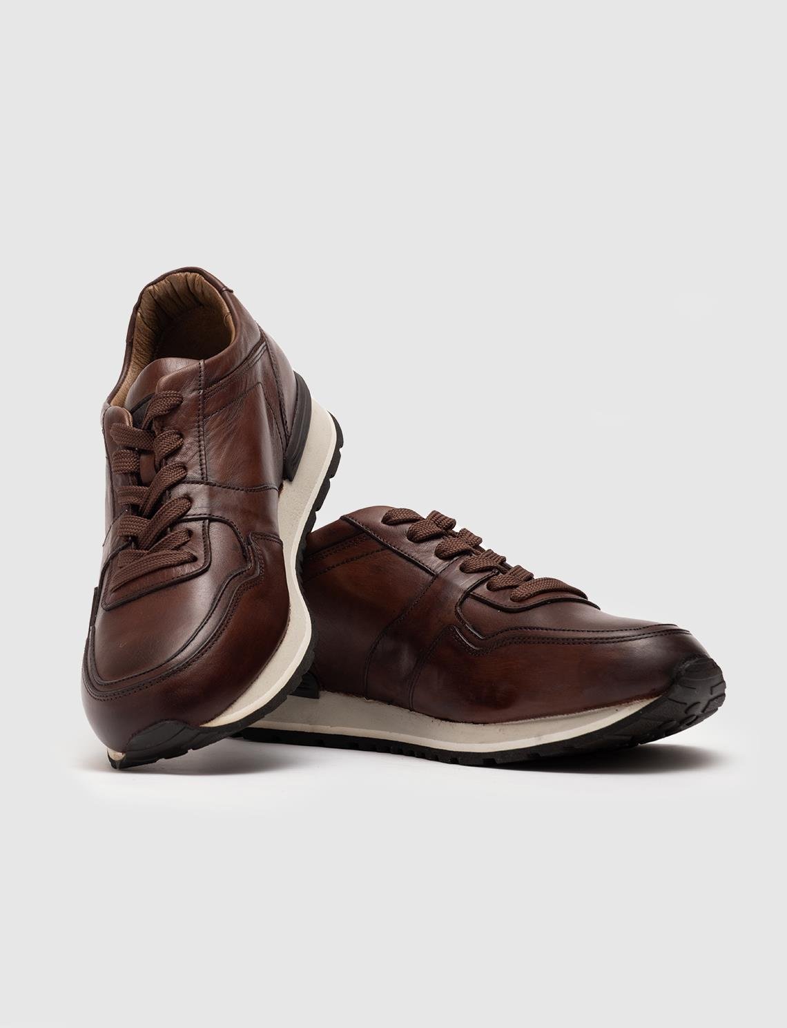 Sneaker Hakiki Deri Kahverengi Bağcıklı Erkek Spor Ayakkabı | Cabani