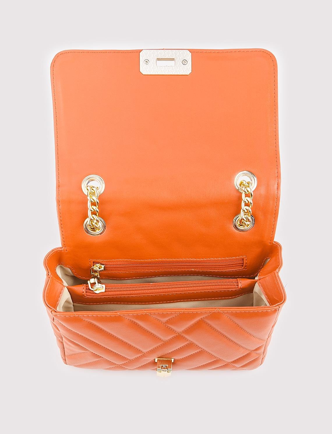 Women Orange Quilted Flap Chain Square Bag