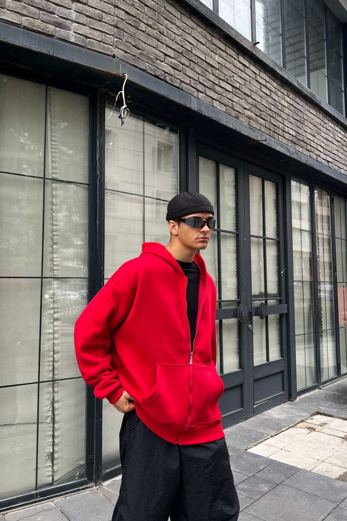 Basic K rm z ci Pamuklu Oversize Zipper Hoodie Flaw Wears