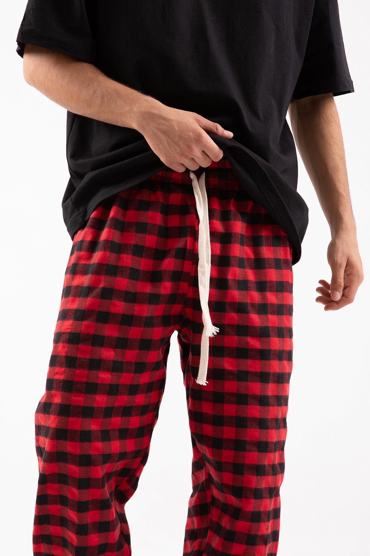 Kırmızı Ekose Desen Bel Lastikli Antrasit Pijama - Flaw Wear