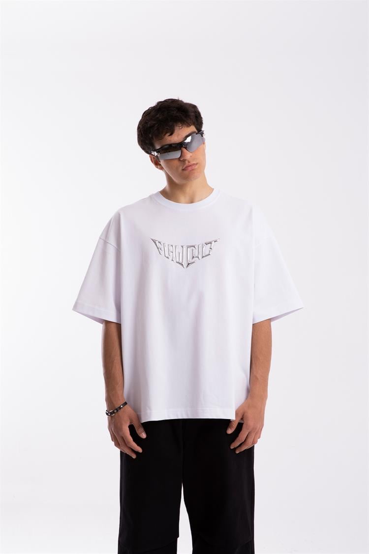 Beyaz Flaw Cult Hologram Puff Print Oversize Tişört - Flaw Wear