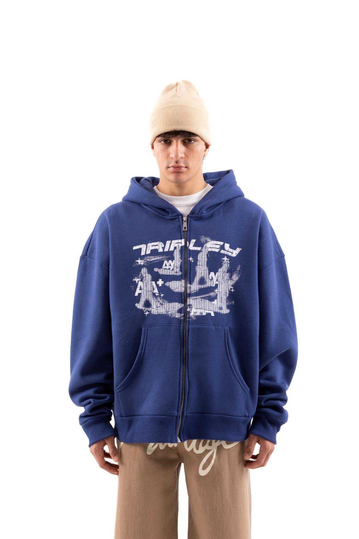 Mavi Tripley Baskılı Mavi Oversize Zip Hoodie - Flaw Wear