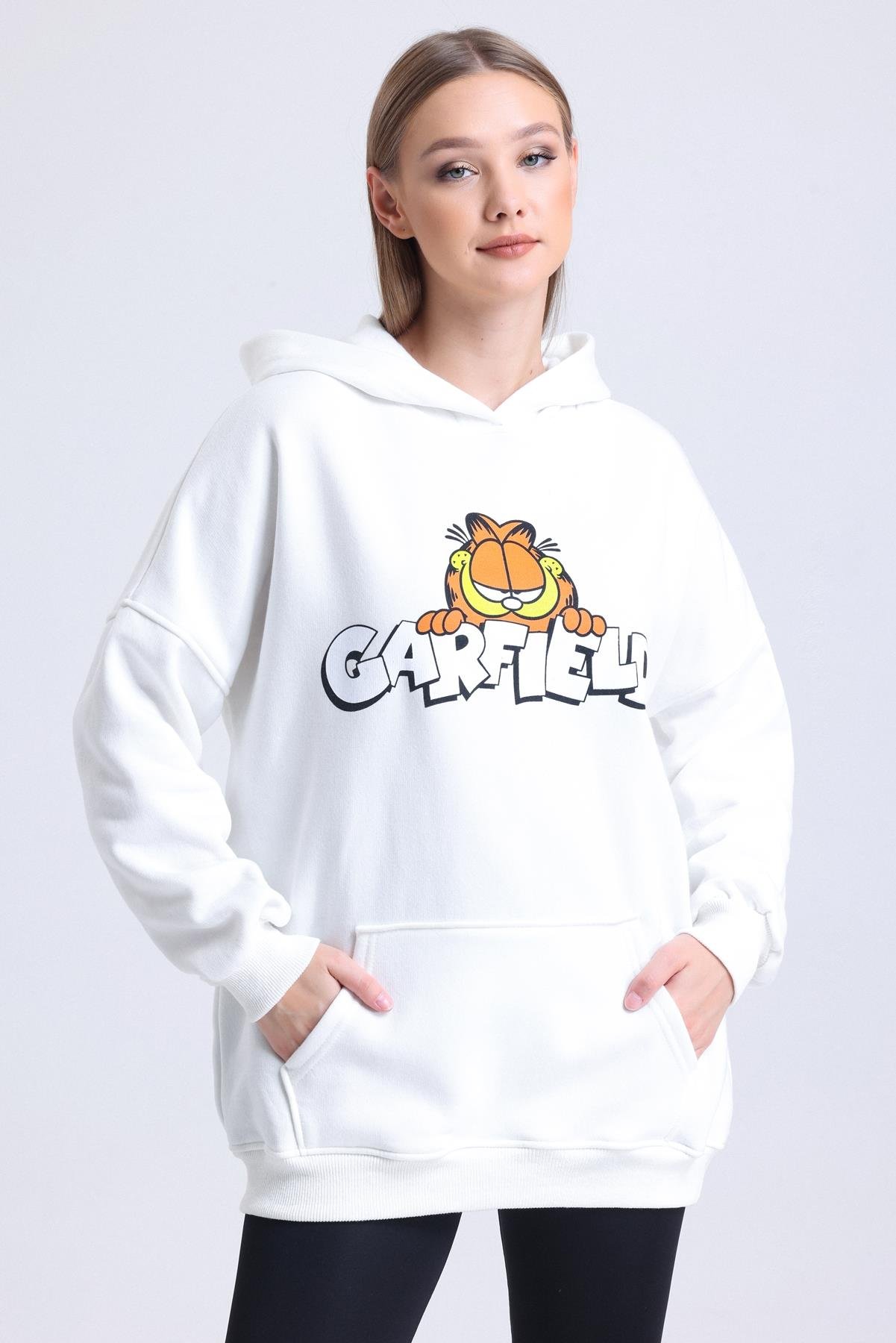 Garfield Baskılı İçi Polarlı Kapüşonlu Kanguru Cepli Oversize Sweatshirt -  Beyaz