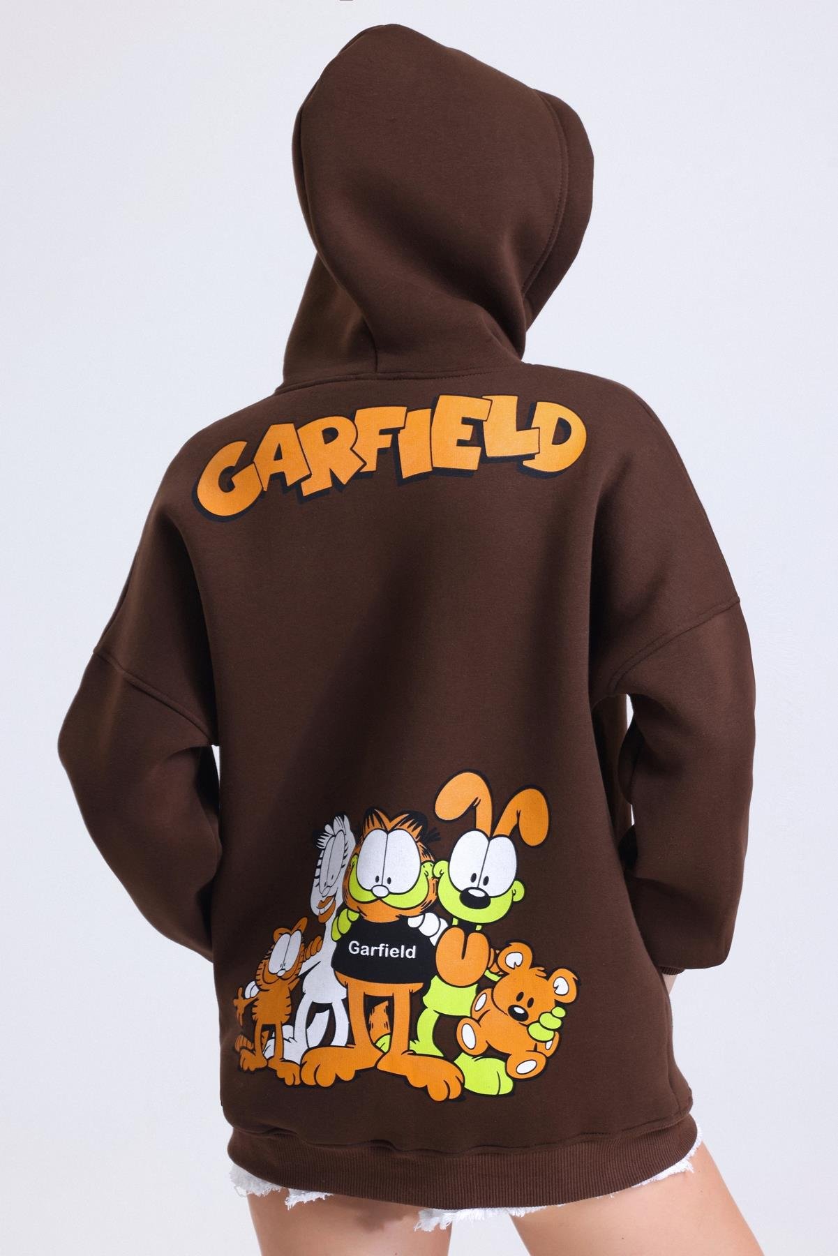 Garfield Baskılı İçi Polarlı Kapüşonlu Kanguru Cepli Oversize Sweatshirt -  Kahve