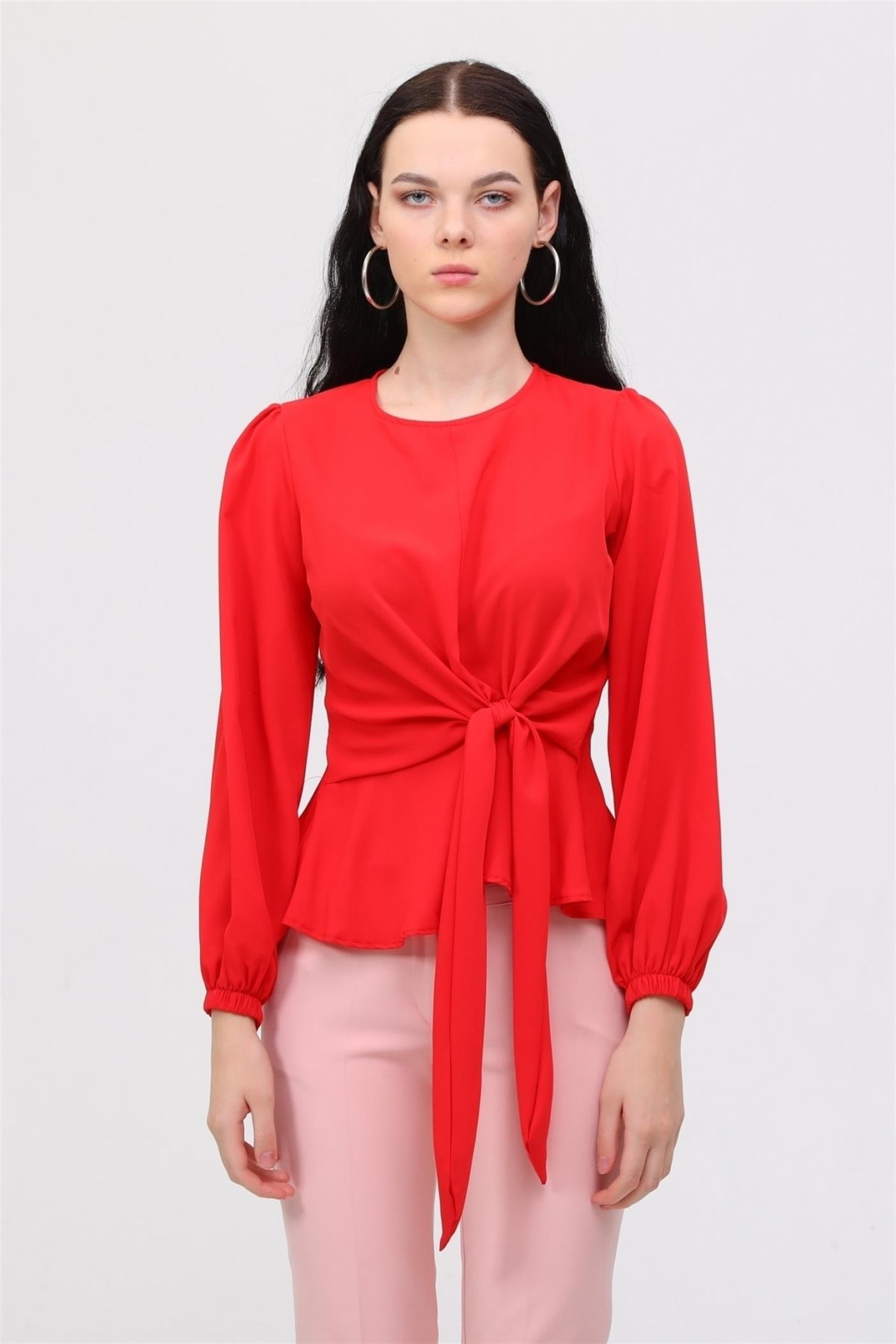Kadın Önü Bağlamalı Gömlek Bluz - Kırmızı