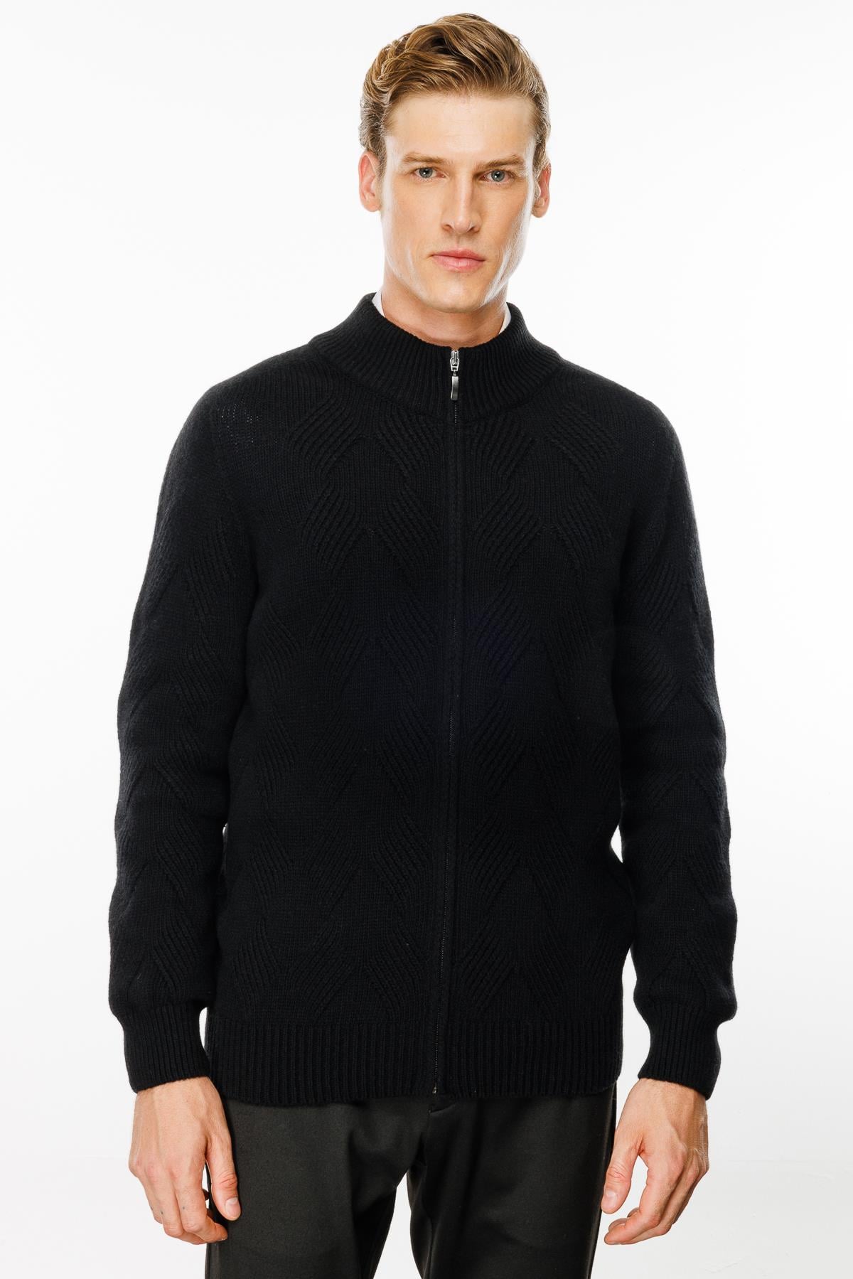 Men's Stand-Up Collar Patterned Wool Jacket Black