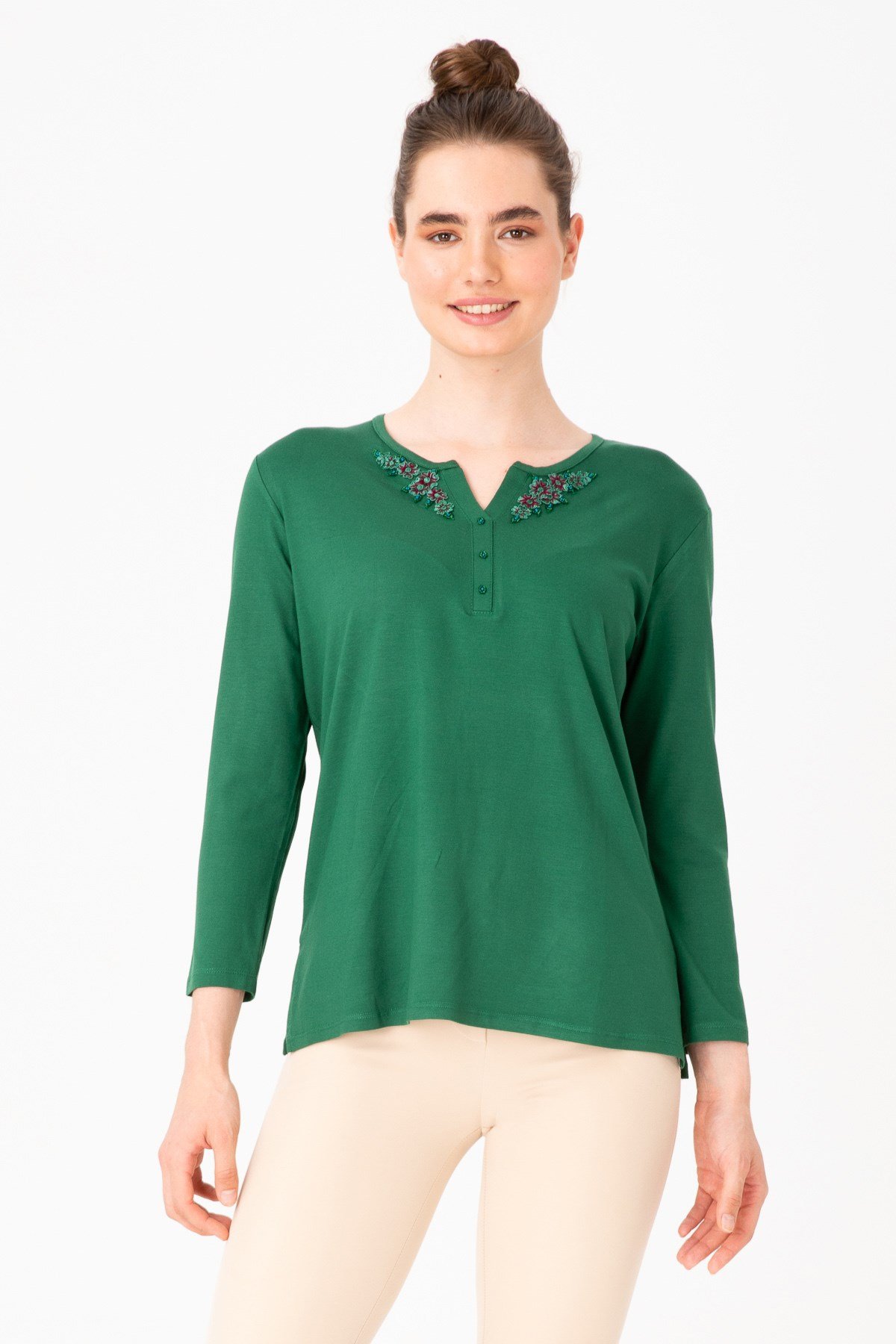 Kadın Açma Yaka Uzun Kol Güpürlü Penye Bluz YeşilDesen Triko - Online Satış
