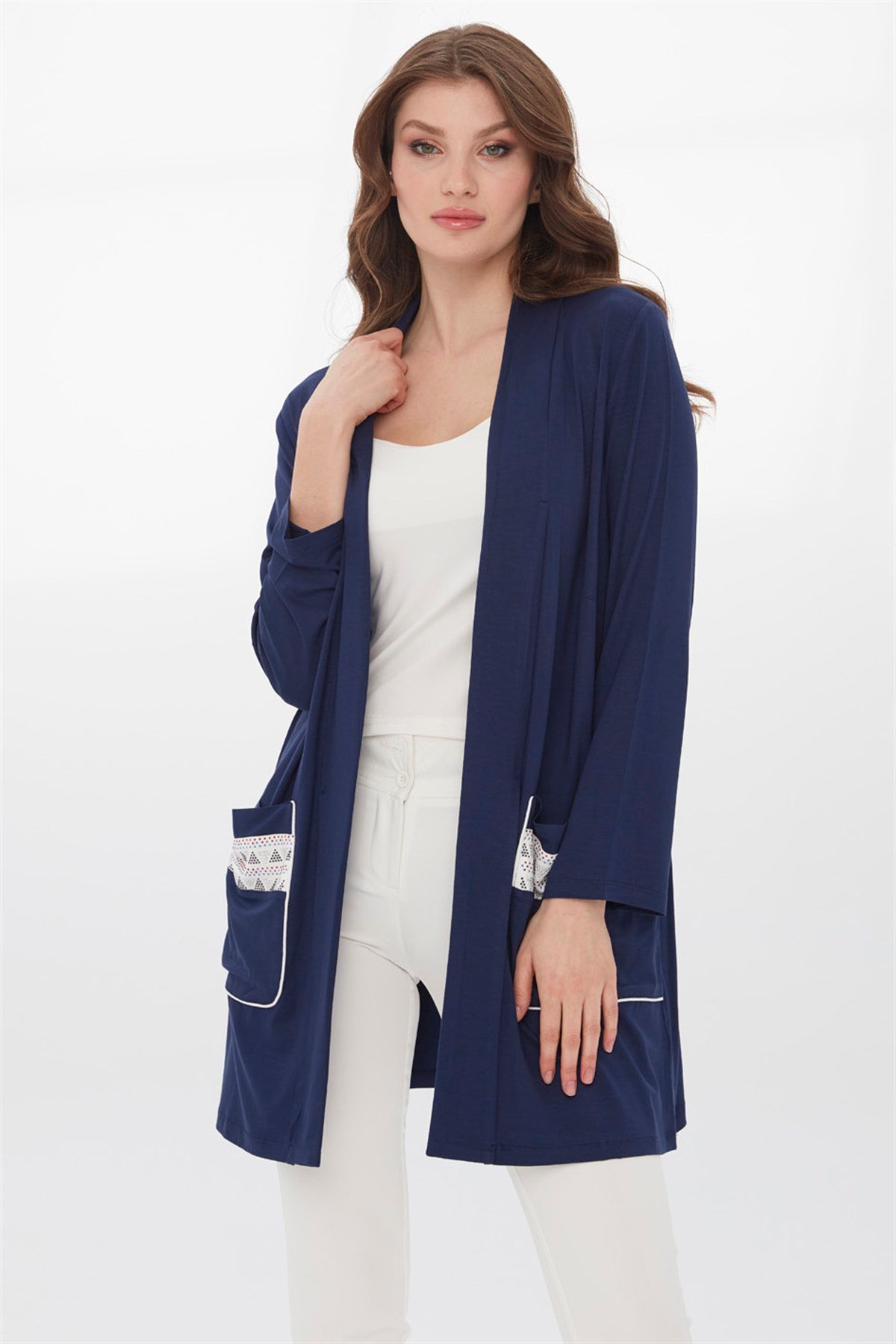 Kadın Cepleri Taşlı Penye Ceket LacivertDesen Triko - Online Satış