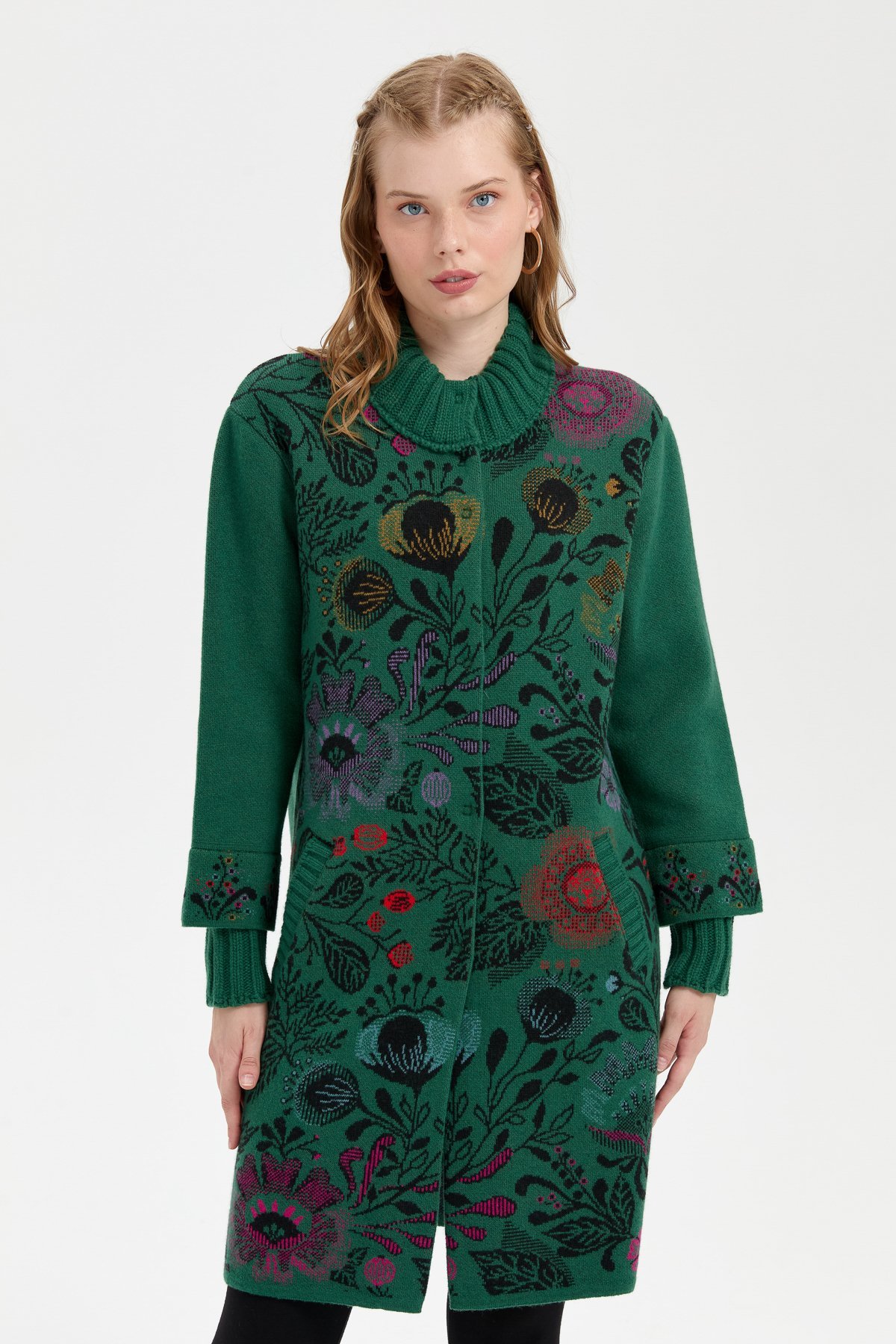 Women's High Collar Front Colorful Floral Long Woolen Coat