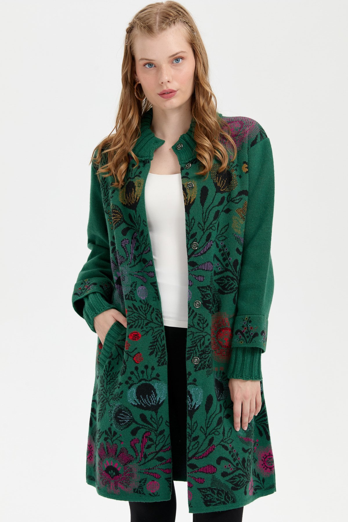 Women's High Collar Front Colorful Floral Long Woolen Coat