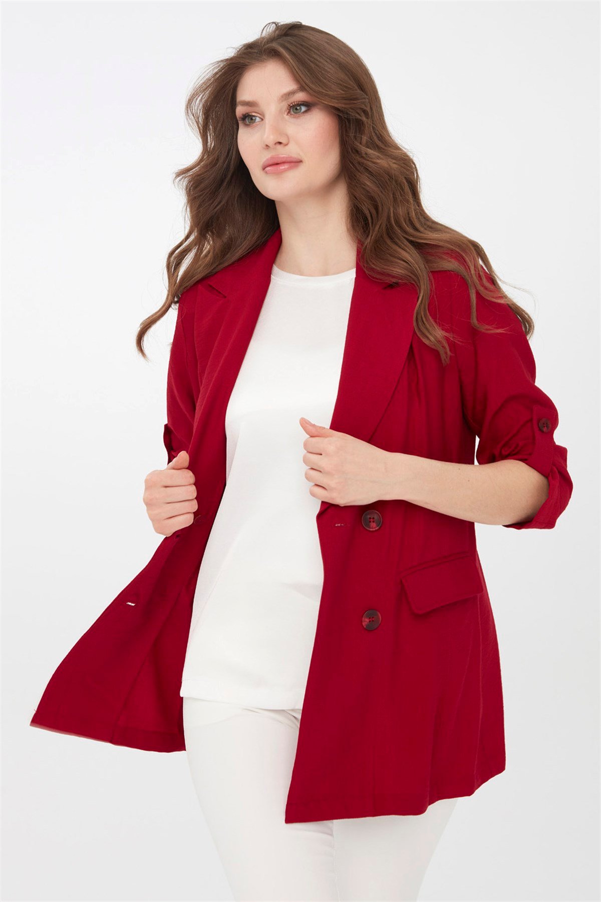 Kadın Kapri Kol Keten Ceket KırmızıDesen Triko - Online Satış