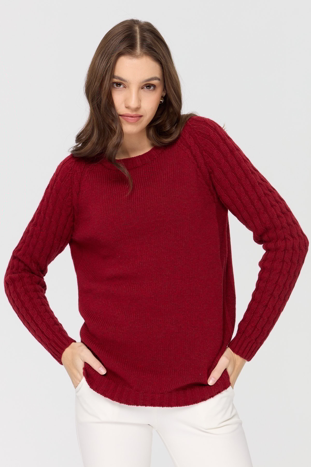 Women's Crew Neck Sleeve Hair Knitted Wool Sweater