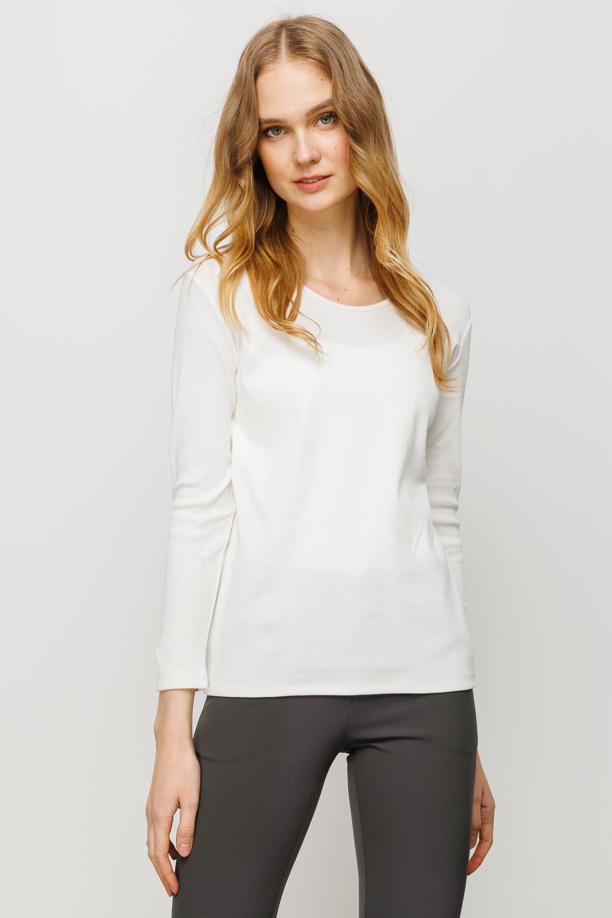 Kadın Sıfır Yaka Uzun Kol Basic Pamuklu Bluz Beyaz
